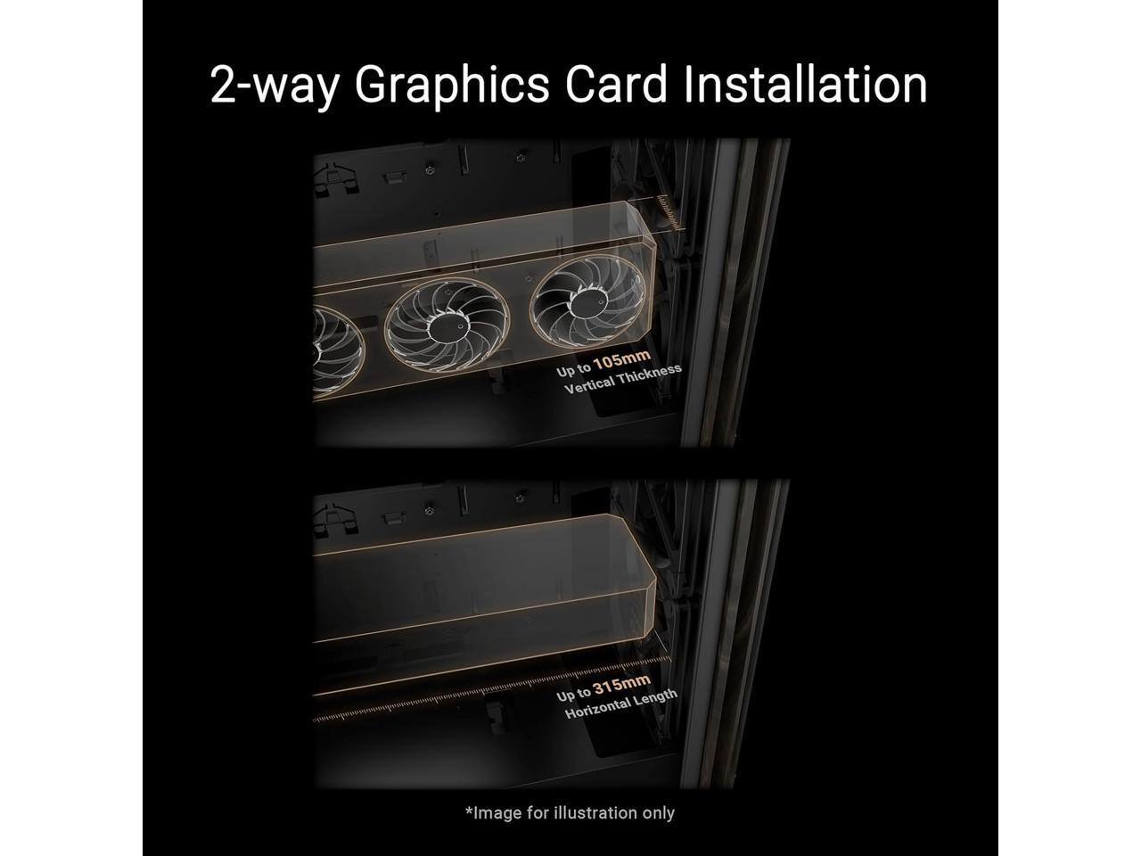 2-way Graphics Card Installation to 105mm Up Thickness Vertical 315mm Up to Length Horizontal *Image for illustration only