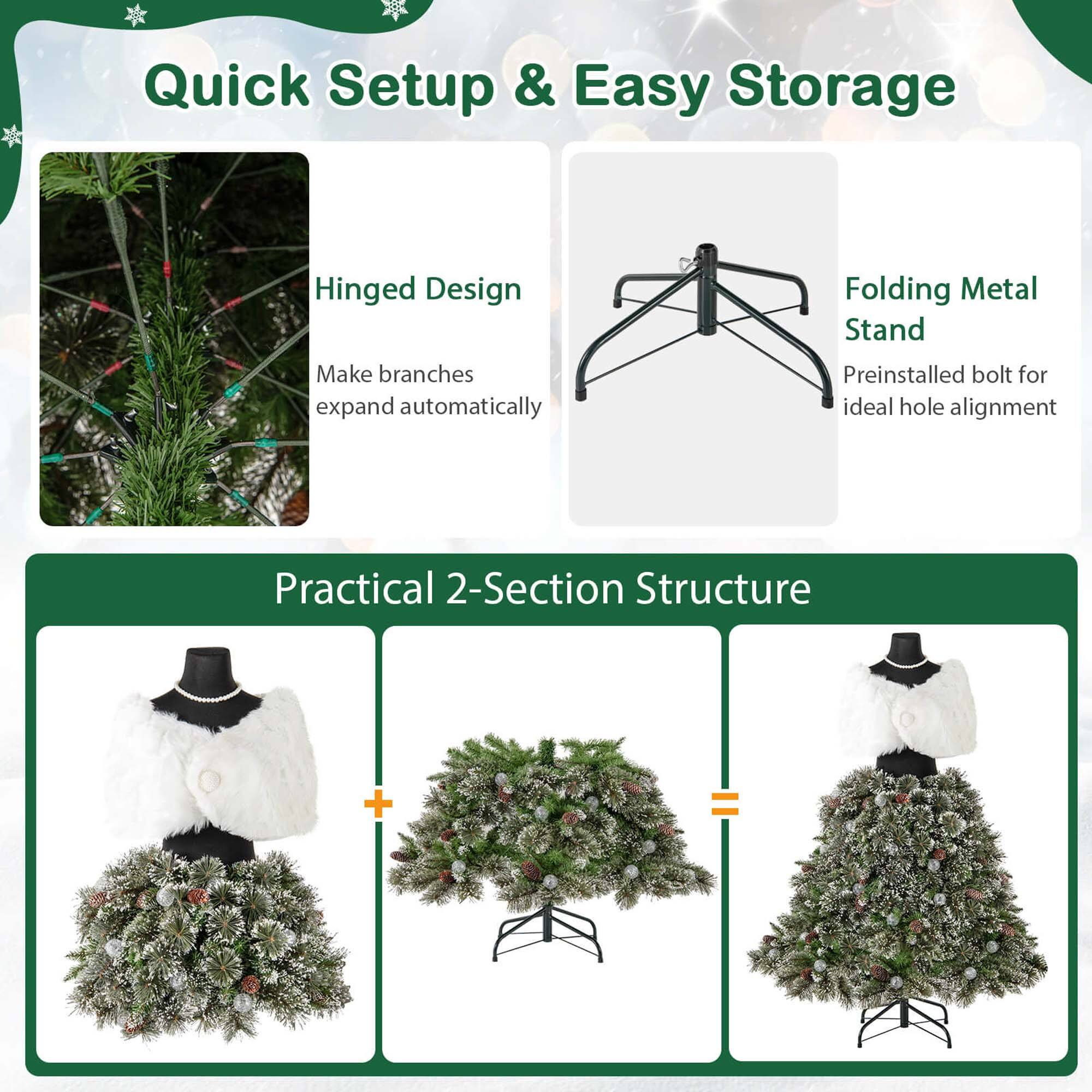 Quick Setup & Easy Storage

- Hinged Design: Make branches expand automatically
- Folding Metal Stand: Preinstalled bolt for ideal hole alignment

Practical 2-Section Structure