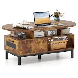 Costway - 47" Oval Top Coffee Table with 4 Open Compartments & Drawer, 5 support legs - Brown