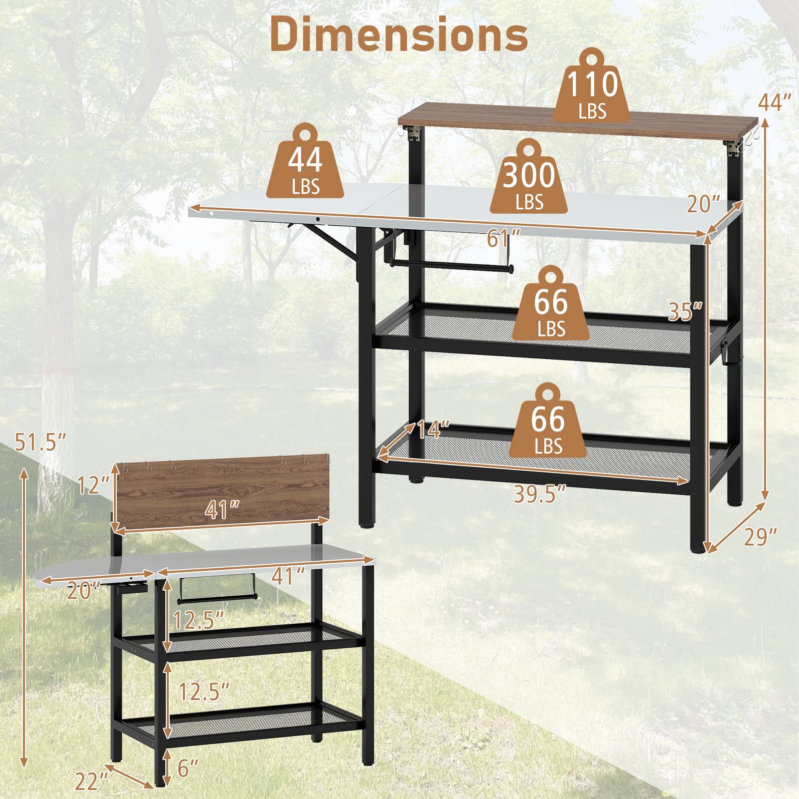 Dimensions  
110 LBS  
44"  
44 LBS  
300 LBS  
61"  
20"  
66 LBS  
35"  
51.5"  
12"  
20"  
41"  
12.5"  
41"  
14"  
66 LBS  
39.5"  
29"  
12.5"  
22"  
6"