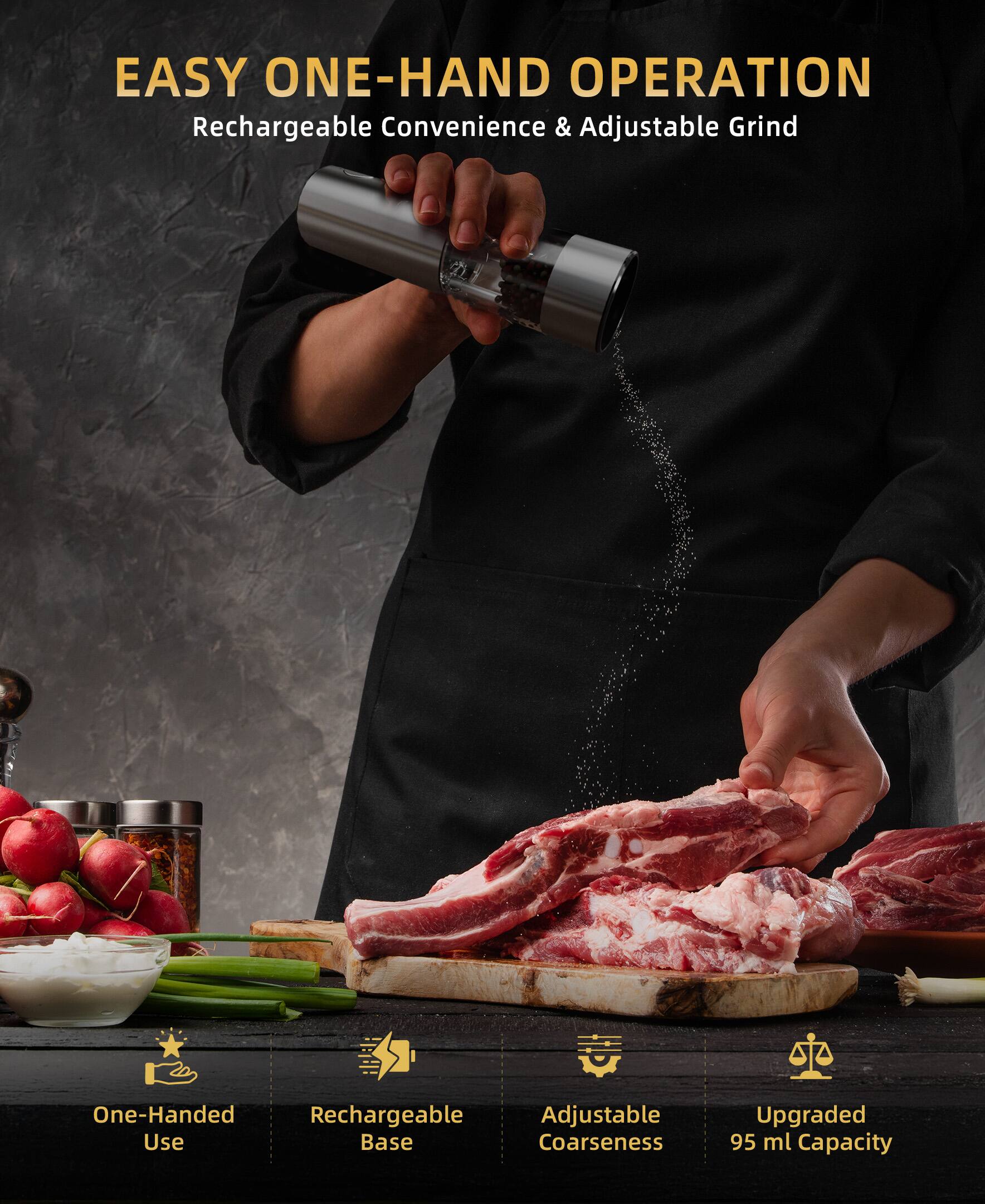 EASY ONE-HAND OPERATION  
Rechargeable Convenience & Adjustable Grind  

- One-Handed Use  
- Rechargeable Base  
- Adjustable Coarseness  
- Upgraded 95 ml Capacity