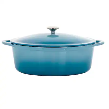 Front. MegaChef - MegaChef 7 Quarts Oval Enameled Cast Iron Casserole in Blue - Blue.