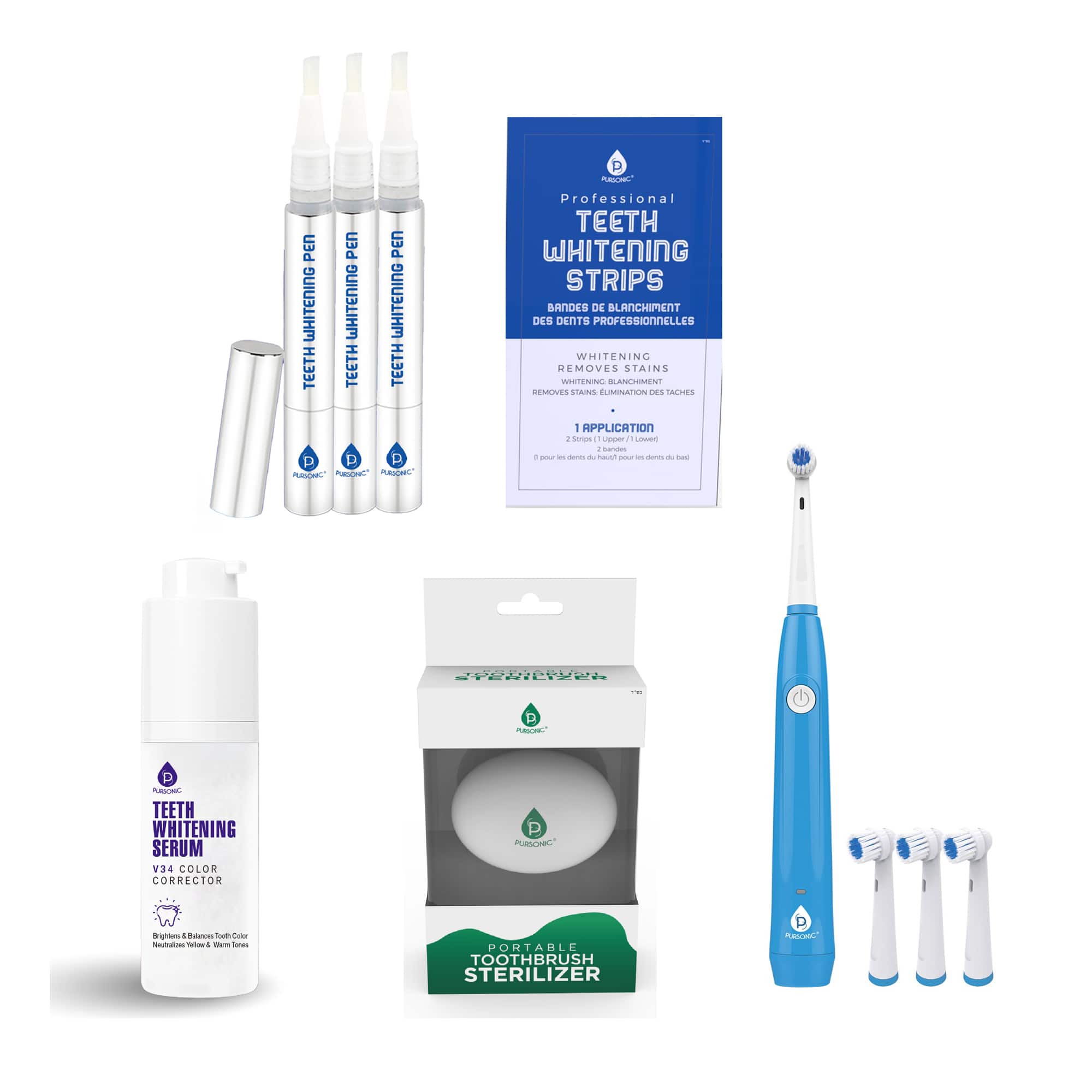 Pursonic - Ultimate Smile Brightening Kit: Rotary Electric Toothbrush, UV Sterilizer, V34 Serum, Whitening Strips, & Pens