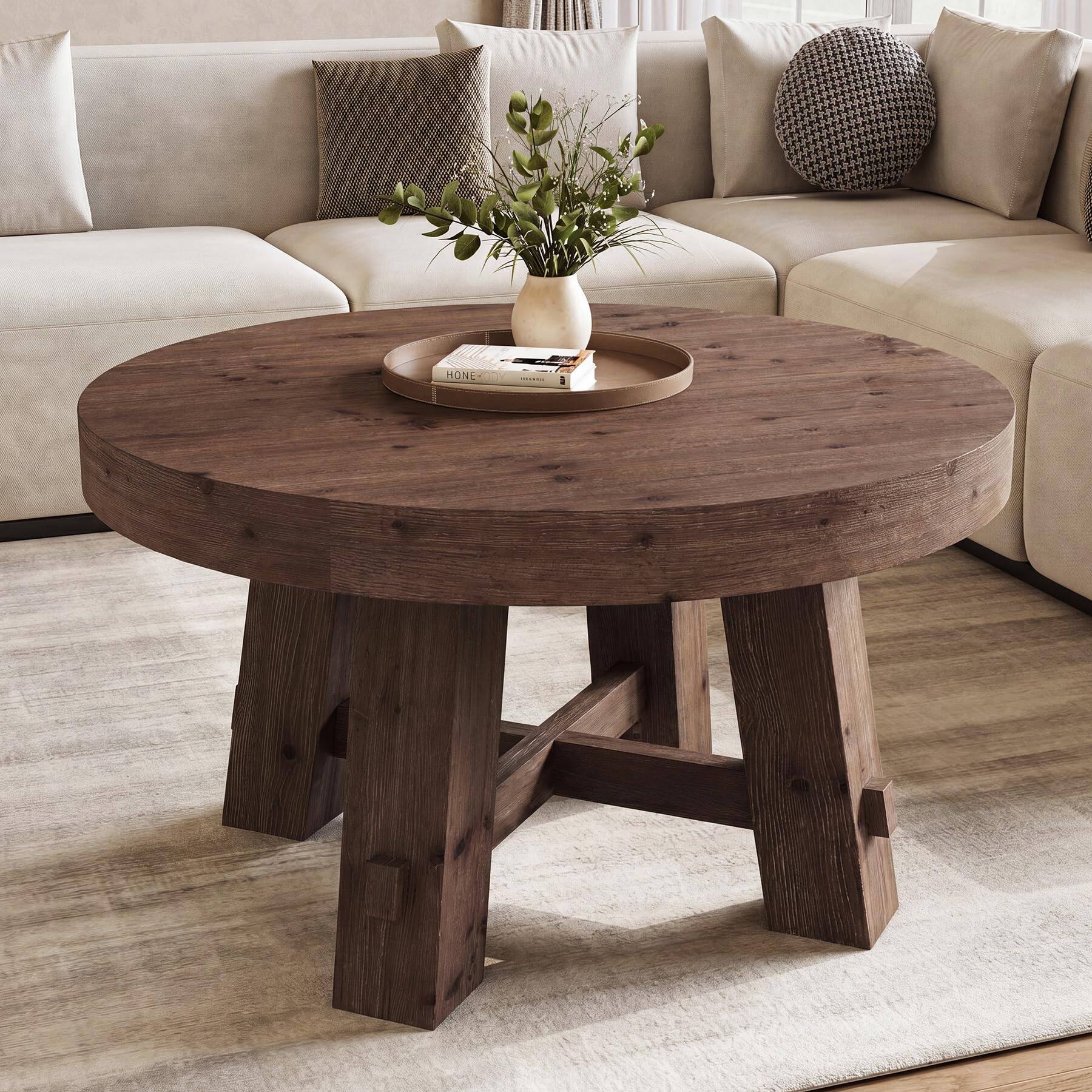 Left. Tribesigns - 31.5 Inch Round Solid Wood Coffee Table, Walnut Center Table - Walnut Brown.