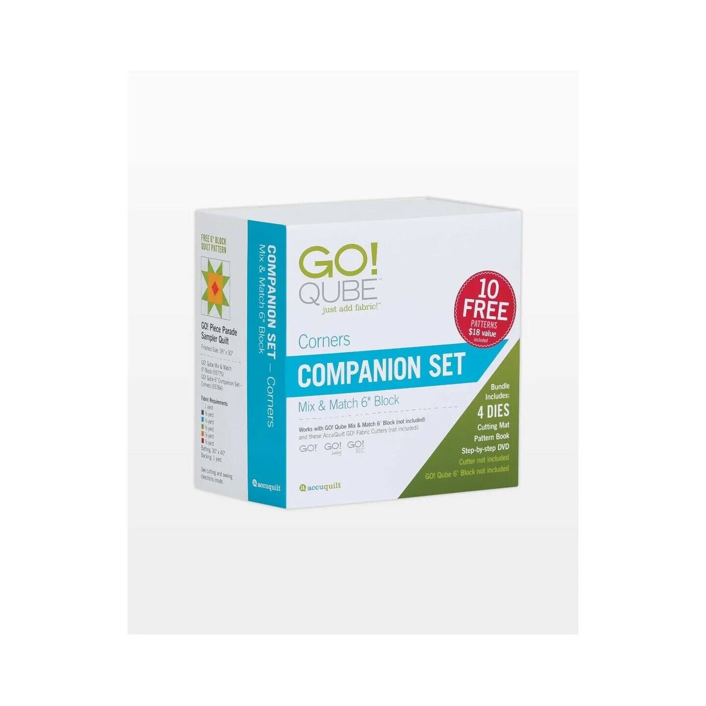 FEE - PUTERN D Pece Parade Sumpler Quilt Tode  * i 2 r 2er le San Agime e Mix GO! & Match  COMPANION QUBE just add fubrie! FREE PATTERNS 10 $18 xalue Block Corners - SET COMPANION SET Bundle Block Includes: Corners Mix & Match 6' 4 DIES 5 Rink inl included Dule d & Mtech Cutting Muat Works with DO nnat nelut 8 Taec Culters and Tear AmuQuit Pattern Book GO! GO! GO! DVD Step-by-step Cutter net included 5 Block net included GO Qube  accuquilt