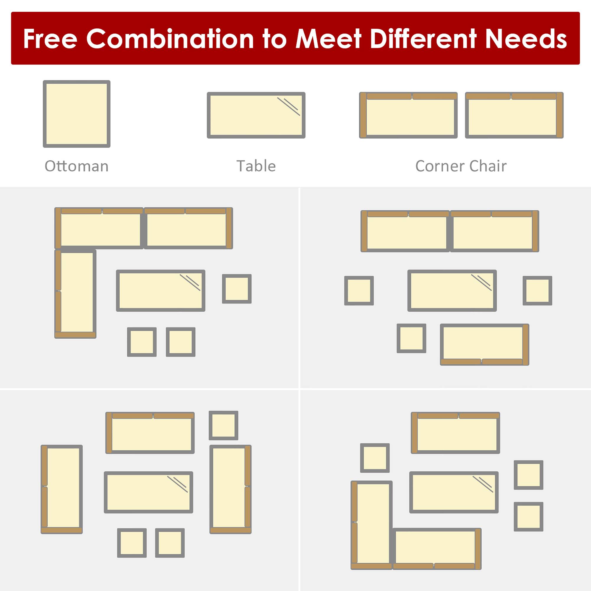 The text on the image is grouped as follows:

1. Free Combination to Meet Different Needs
2. Ottoman
3. Table
4. Corner Chair