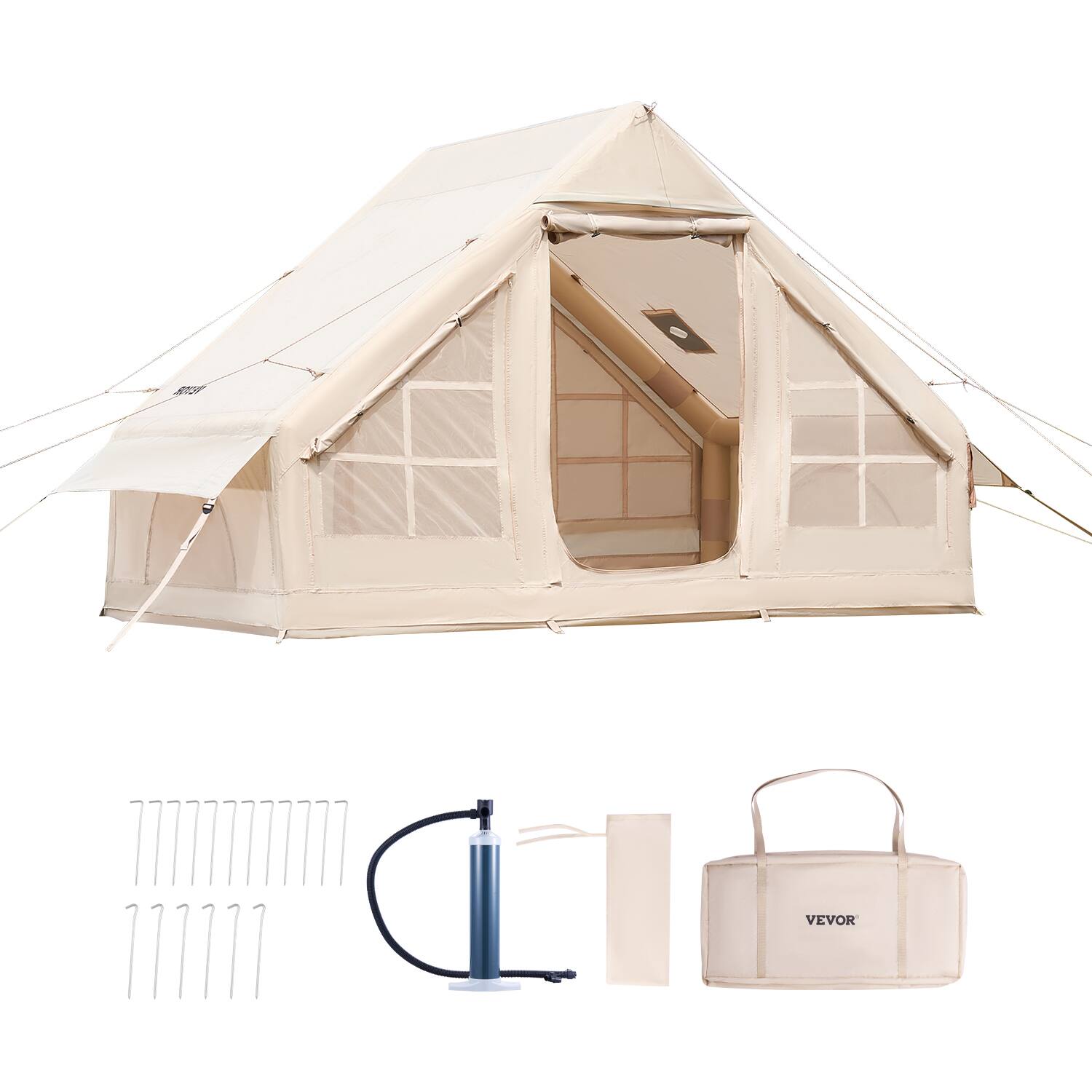 Alt View 5. VEVOR - Inflatable Tents, 3-5 Person Easy Setup Blow up Tent with Hand Pump, 300D Oxford 4 Season Glamping Tent with Stove Jack - Beige.