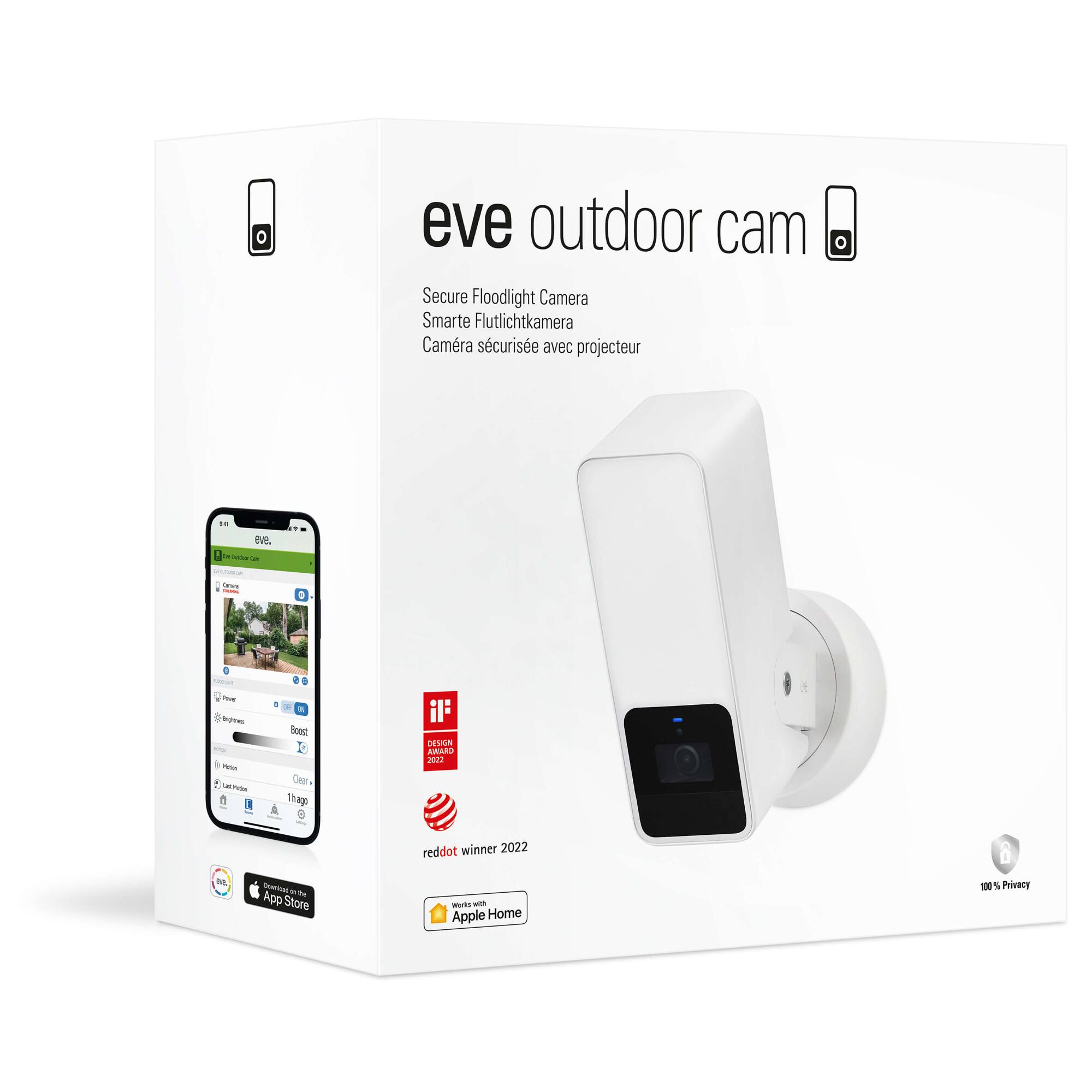 eve outdoor cam Secure Floodlight Camera Smarte Flutlichtkamera Camra scurise avec projecteur D eve - - - O - 9 Ngoes - - T - a a Boos P Der thapo il DENAN ARARO P02 reddot winner 2022 - - . W/a App Store - - Apple Home 100 a Privary