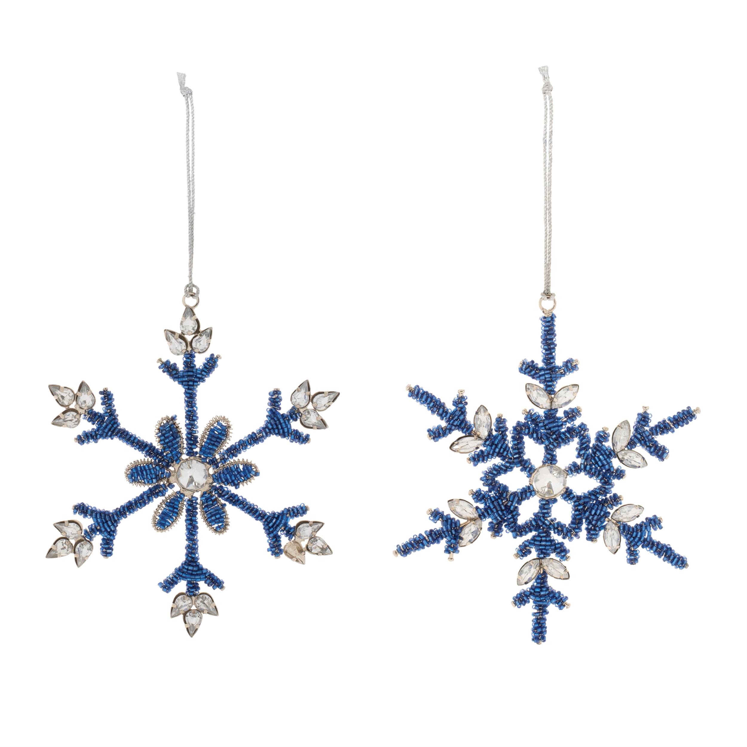 Angle. BreeBe - Beaded Metal Snowflake Ornament (Set of 12) - Blue, Gray.