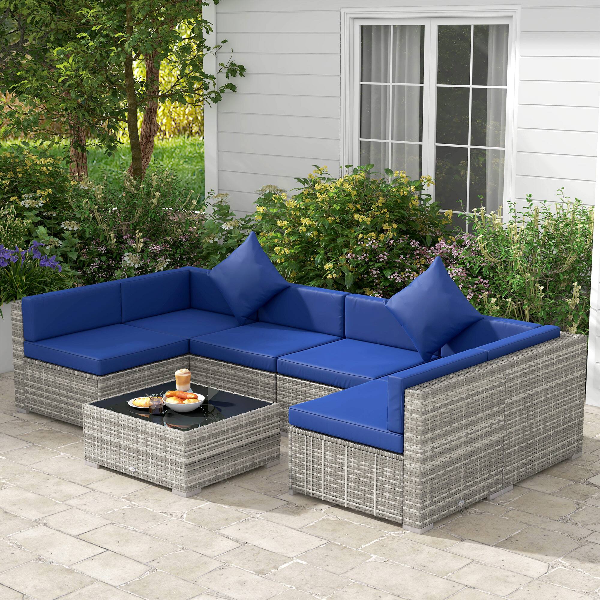 Alt View 1. Outsunny - 7-Piece Patio Furniture Set, Outdoor Wicker Conversation Set, All Weather PE Rattan Sectional Sofa Set - Mixed Gray and Blue.