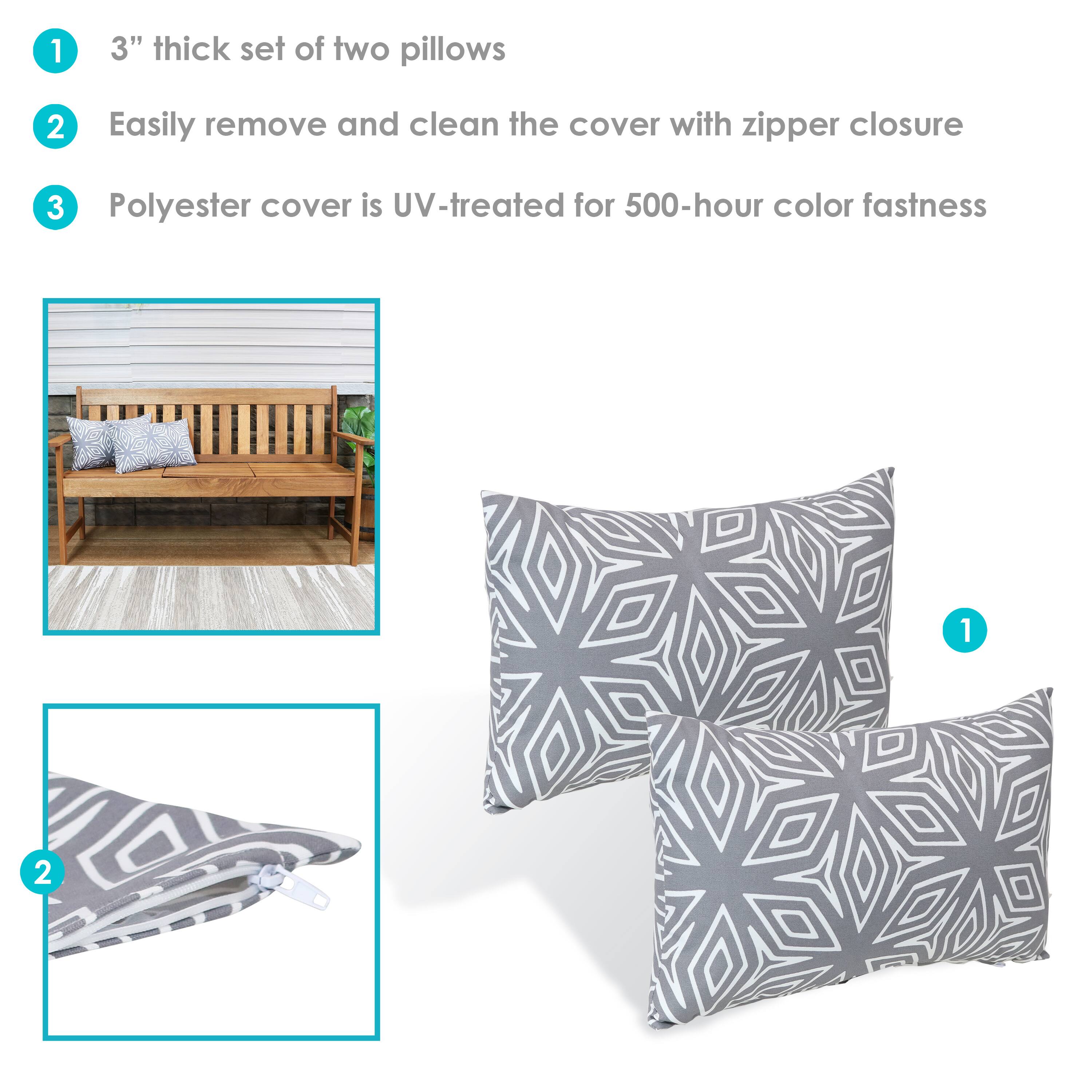 1. 3" thick set of two pillows  
2. Easily remove and clean the cover with zipper closure  
3. Polyester cover is UV-treated for 500-hour color fastness