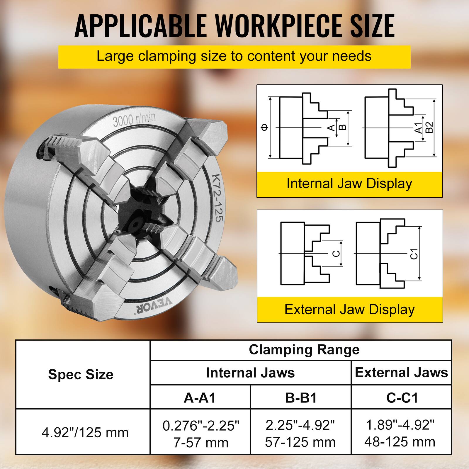APPLICABLE WORKPIECE SIZE

Large clamping size to content your needs

3000 r/min

K72-125

Internal Jaw Display

External Jaw Display

Spec Size

Clamping Range

Internal Jaws

External Jaws

A-A1

B-B1

C-C1

4.92"/125 mm

0.276"-2.25"

2.25"-4.92"

1.89"-4.92"

7-57 mm

57-125 mm

48-125 mm