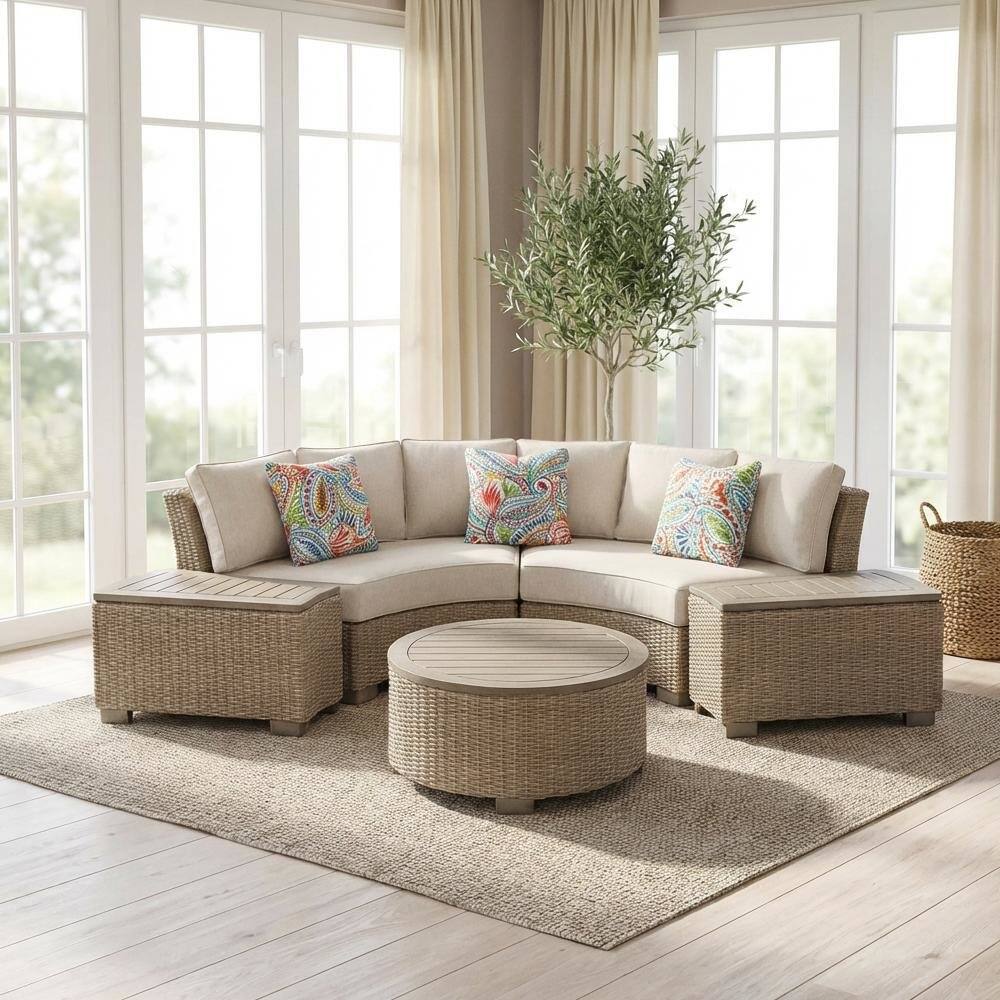 Angle. FurniFact - Tan Round Outdoor Coffee Table with Wood Legs and Transitional Design - Tan.