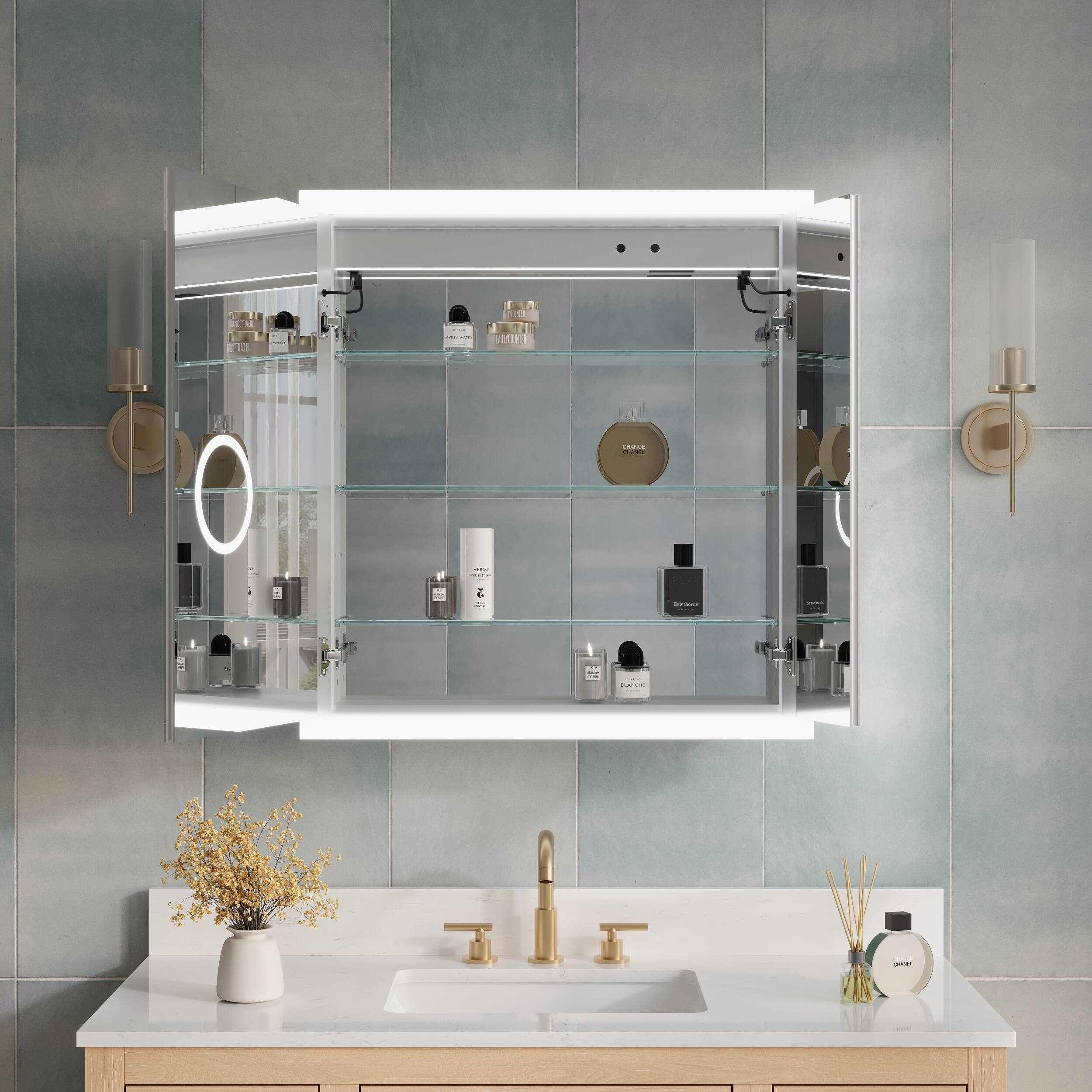 Back. WELLFOR - 30 in. W x 32 in. H Rectangular Surface or Recessed Mount Aluminum Medicine Cabinet with Mirror - Silver.
