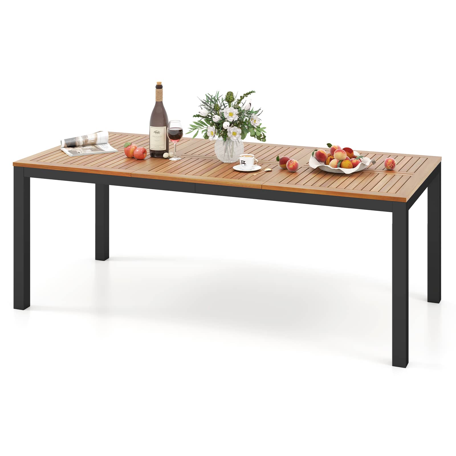 Gymax - Patio Dining Table for 8 79'' Large Rectangle Table w/ Acacia Wood Tabletop - Natural, Black