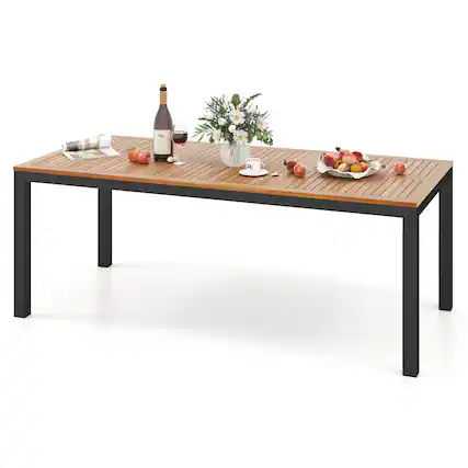 Front. Gymax - Gymax Patio Dining Table for 8 79'' Large Rectangle Table w/ Acacia Wood Tabletop - Natural, Black.