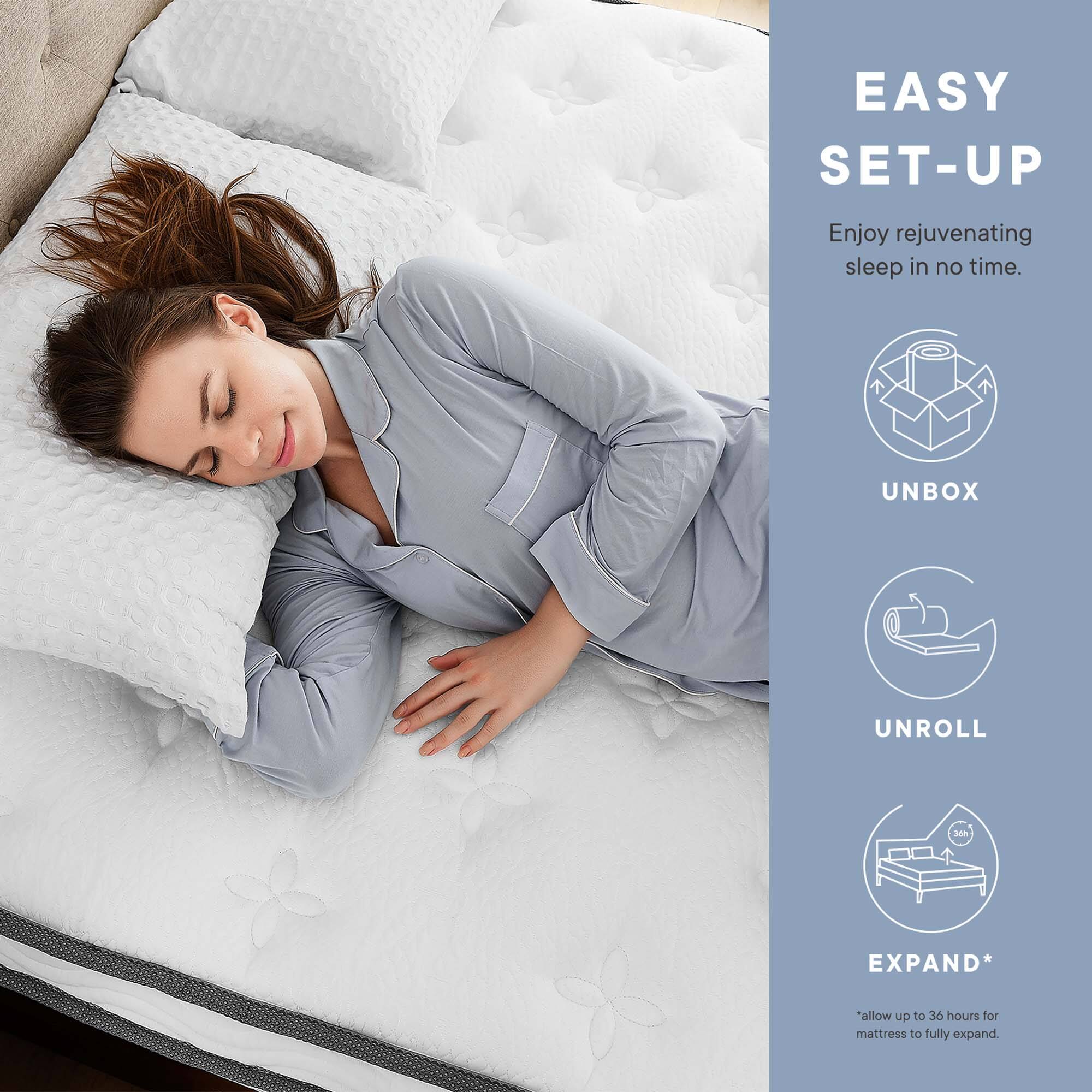 EASY SET-UP  
Enjoy rejuvenating sleep in no time.  

UNBOX  
UNROLL  
EXPAND*  
*allow up to 36 hours for mattress to fully expand.