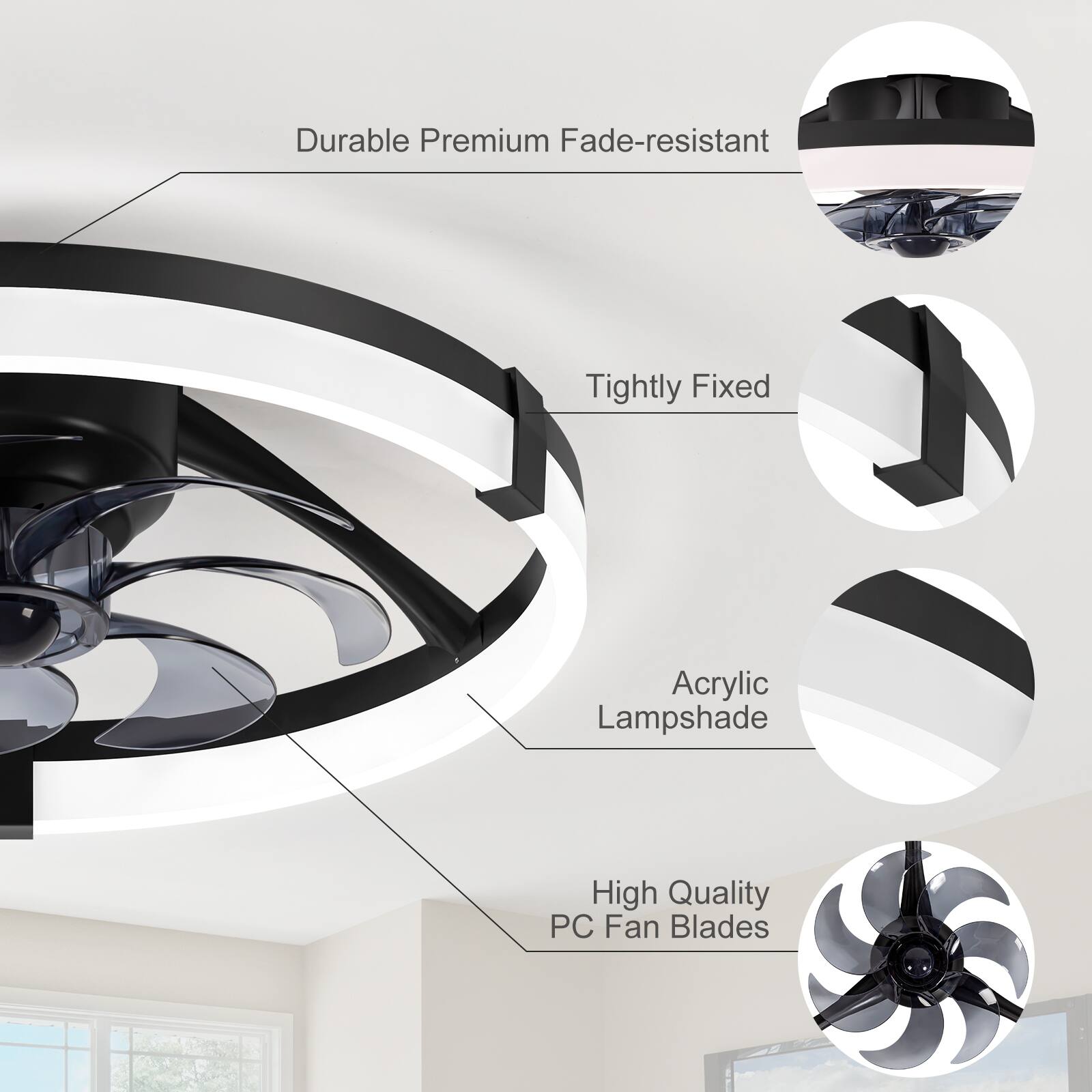 Durable Premium Fade-resistant  
Tightly Fixed  
Acrylic Lampshade  
High Quality PC Fan Blades