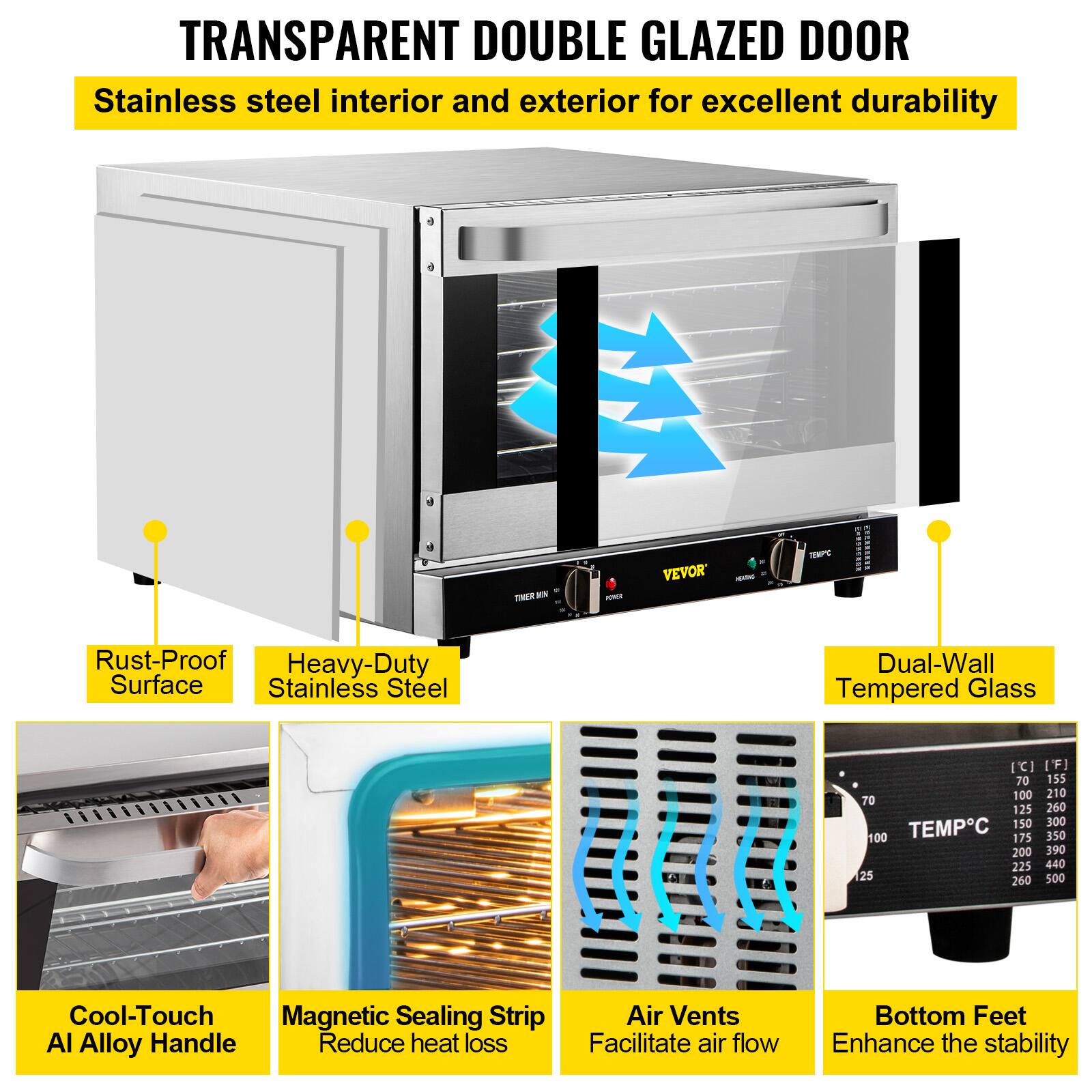 TRANSPARENT DOUBLE GLAZED DOOR
Stainless steel interior and exterior for excellent durability
VEVOR
NC
Rust-Proof Surface
Heavy-Duty Stainless Steel
Dual-Wall Tempered Glass
Cool-Touch AI Alloy Handle
Magnetic Sealing Strip
Reduce heat loss
Air Vents
Facilitate air flow
Bottom Feet
Enhance the stability