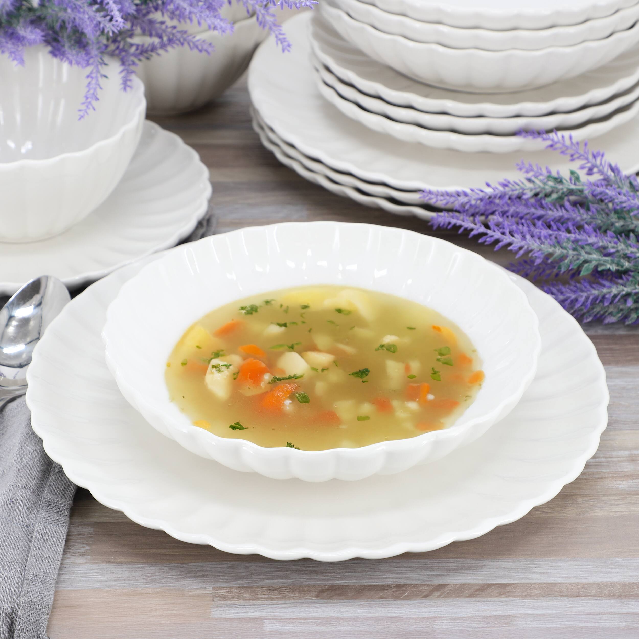 Alt View 7. Elama - Elama Jane 16 Piece Scalloped Double Bowl Porcelain Dinnerware Set in White - White.