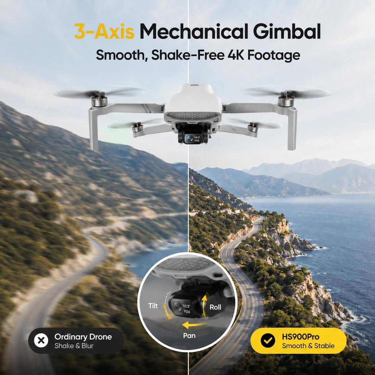 3-Axis Mechanical Gimbal Smooth, Shake-Free 4K Footage

127 2018

Tilt 22.3' F12.6

Roll

Ordinary Drone Shake & Blur

Pan

HS900Pro Smooth & Stable