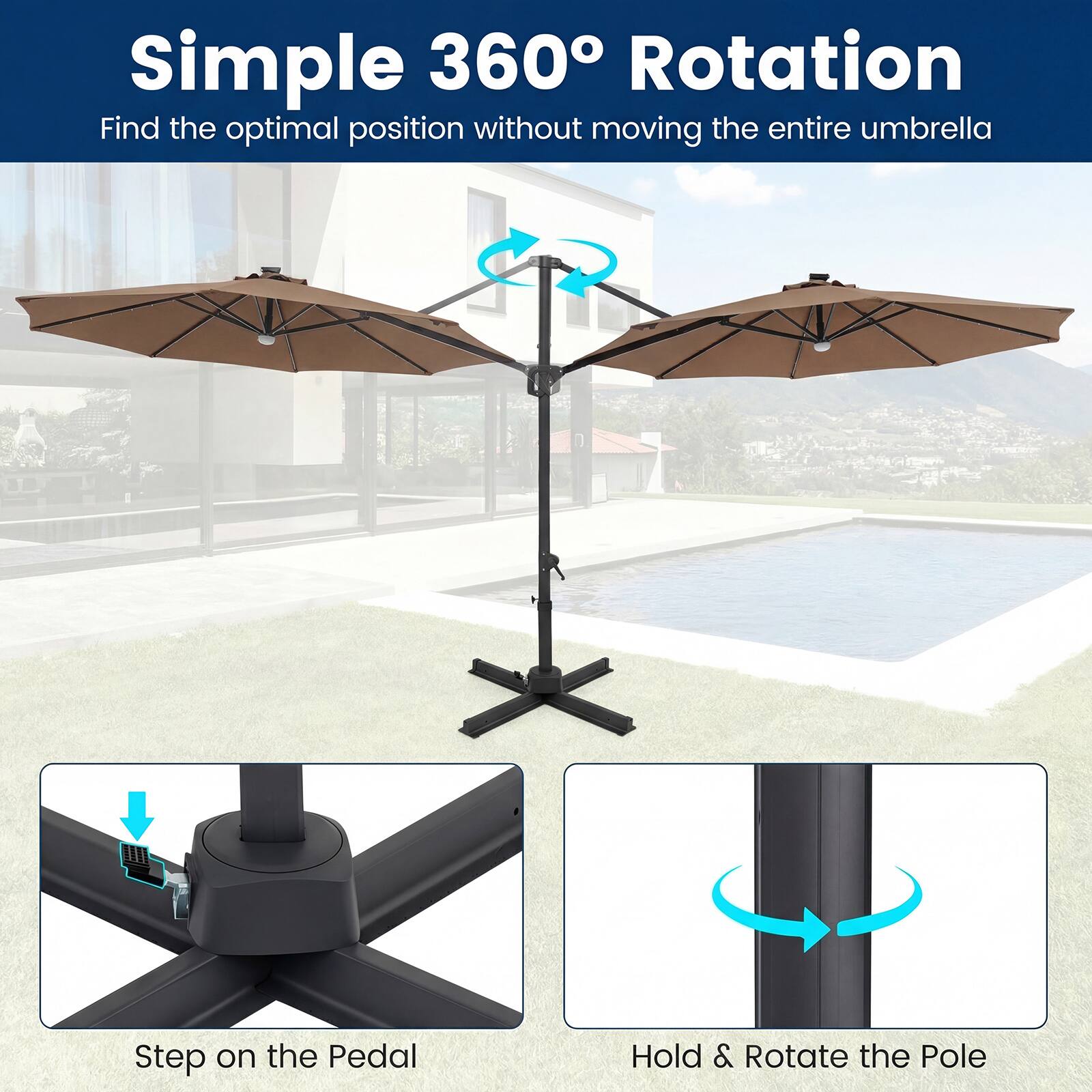 Simple 360° Rotation  
Find the optimal position without moving the entire umbrella

Step on the Pedal  
Hold & Rotate the Pole