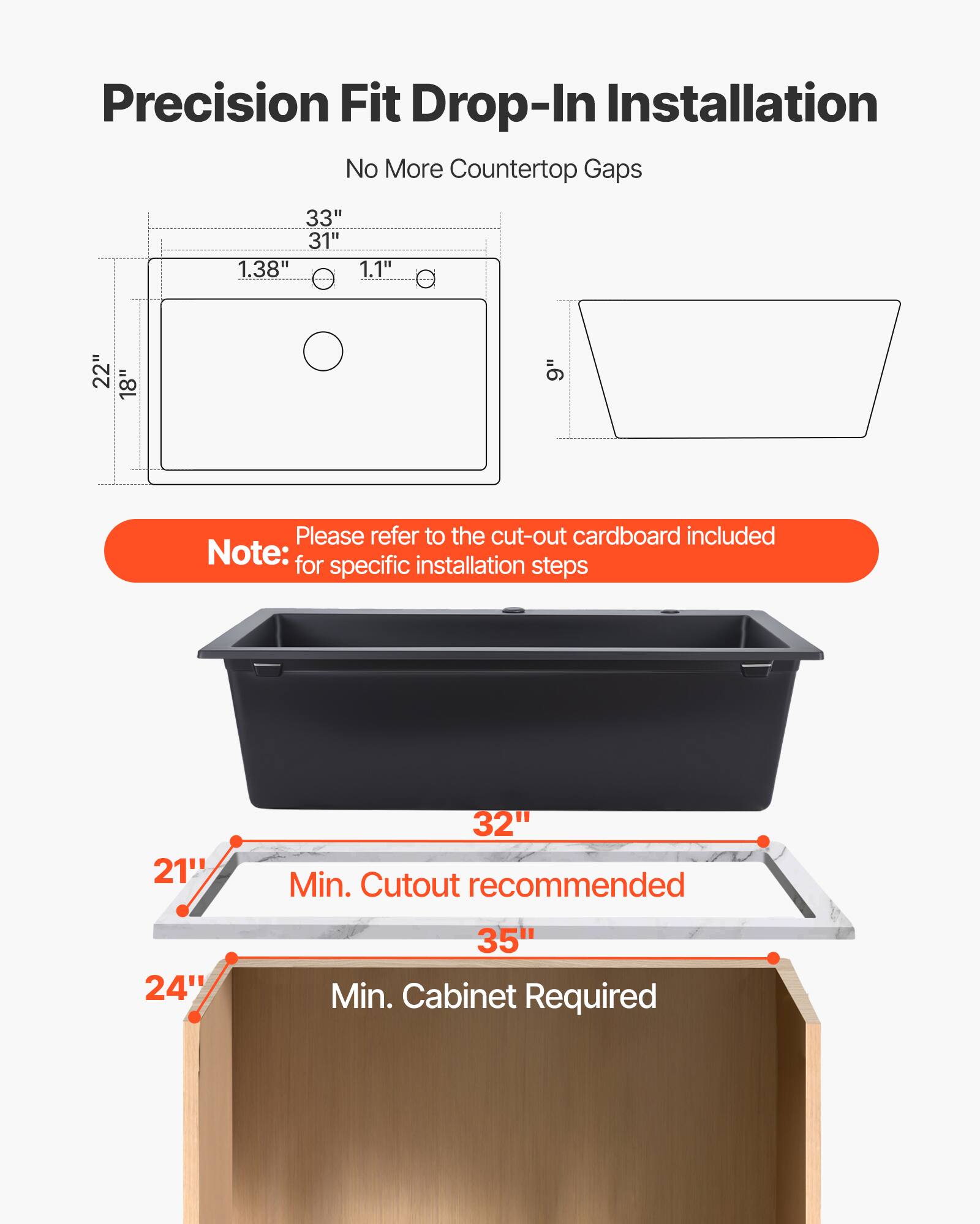 Precision Fit Drop-In Installation  
No More Countertop Gaps  

33"  
31"  
1.38"  
1.1"  
22"  
18"  
9"  

Please refer to the cut-out cardboard included for specific installation steps  

Note:  
21" Min. Cutout recommended  
32"  
35" Min. Cabinet Required