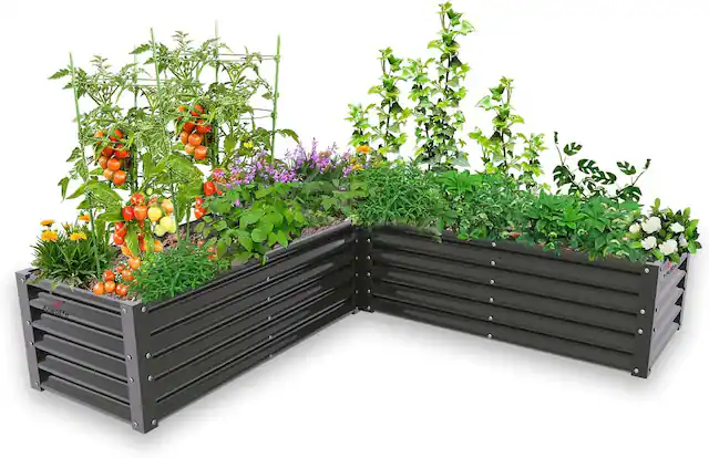 Front. A Anleolife - Gray Metal Rectangular L-Shaped Raised Garden Bed Planter Box for Planting Vegetables (74 in. L x 74 in. W x 18 in. H) - Gray.