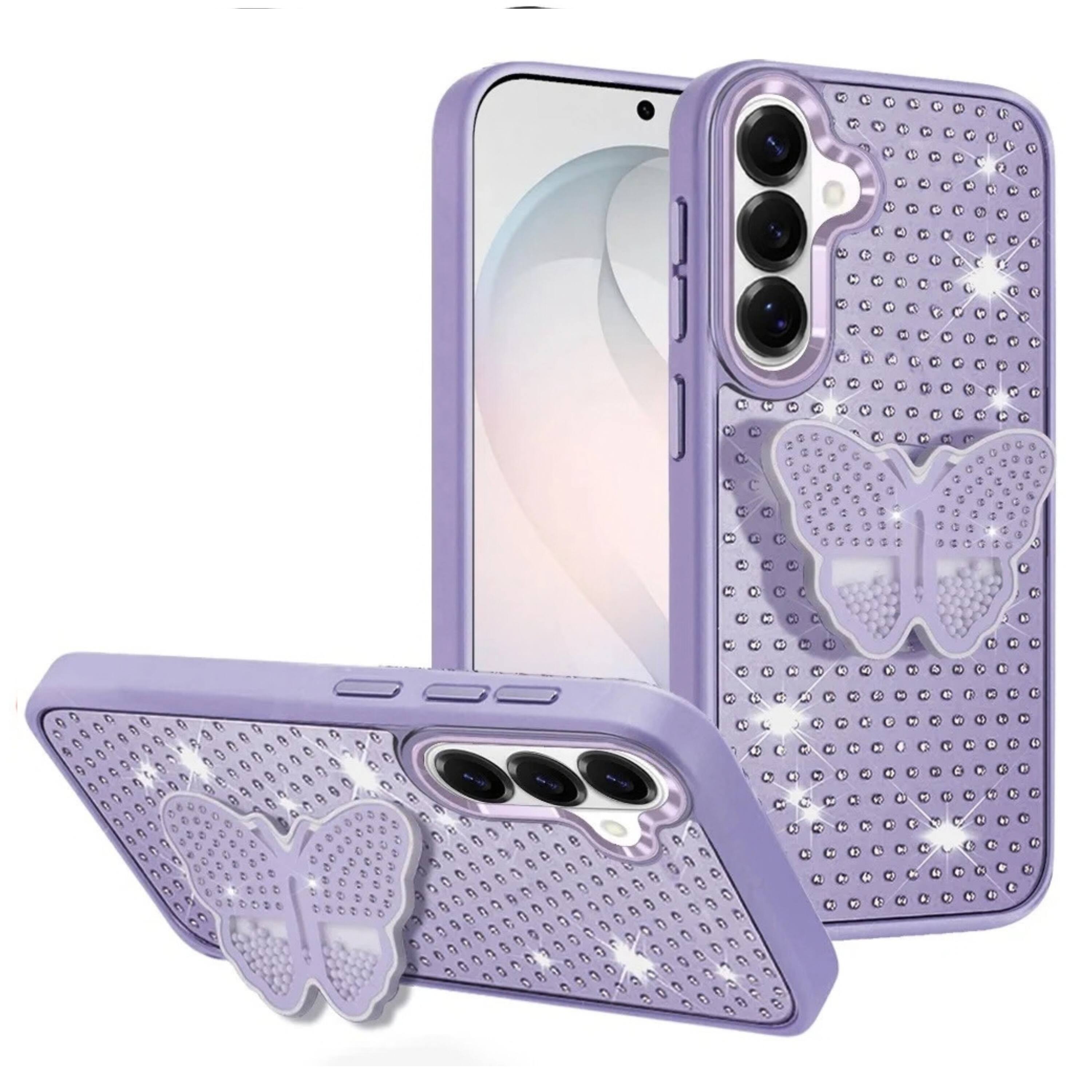 Front. Kitcheniva - Butterfly Faux Crystal Grip Stand Phone Case With Tempered Glass For Samsung S26 FE Purple - Purple.