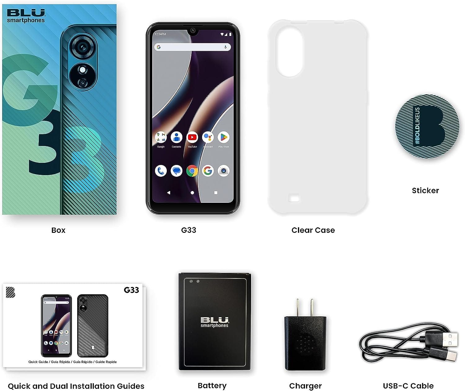 BLU smartphones G 3 12.34PM 1 SAAgN castans SuTale uanas M #BOLDLIKEUS Sticker Box G33 Clear Case G33 . D A BLU smartphones 5 E Quck Carida : Sula Rpido I Gudls Rpido Gulde Rapiida Quick and Dual Installation Guides Battery Charger USB-C Cable