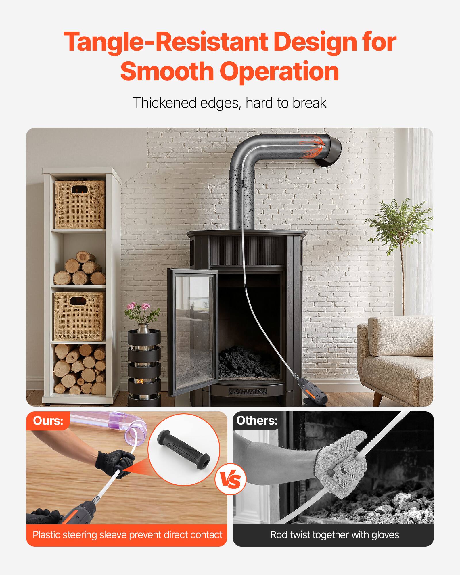 Tangle-Resistant Design for Smooth Operation  
Thickened edges, hard to break  

Ours:  
Plastic steering sleeve prevent direct contact  

Others:  
Rod twist together with gloves