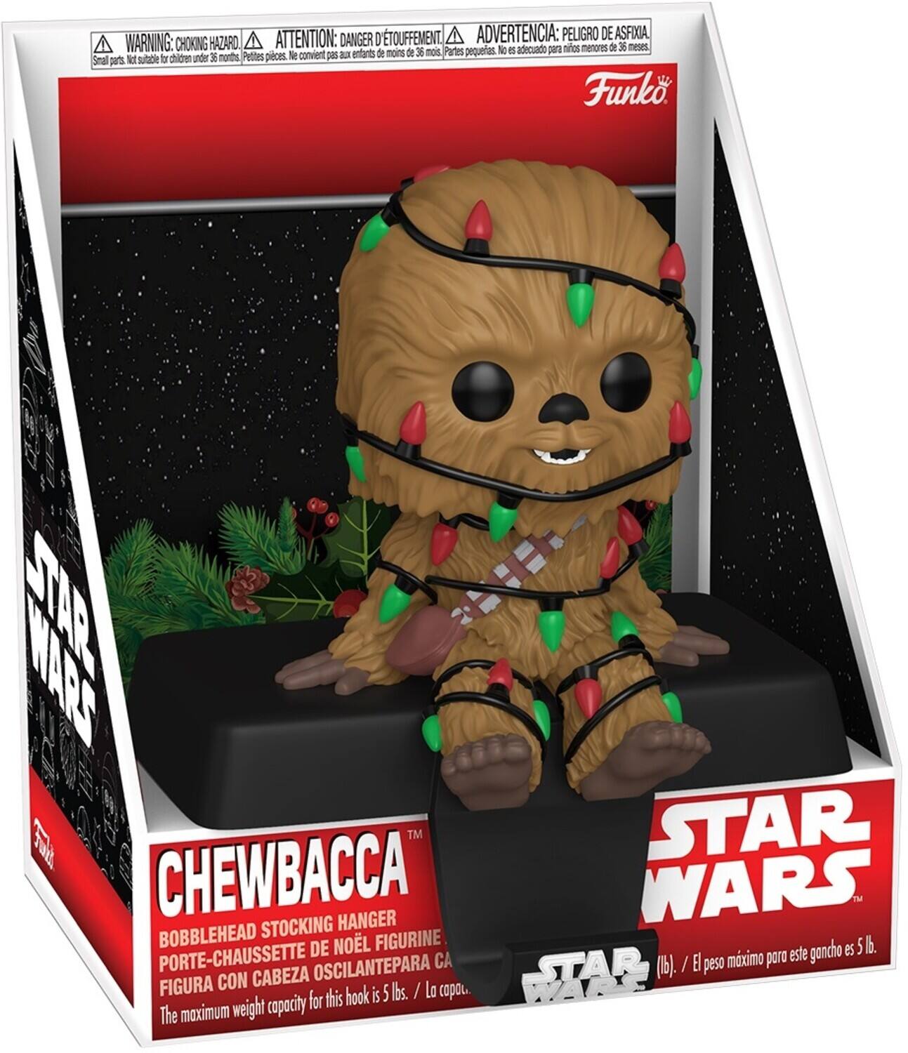 ATTENTION: DANGER D'TOUFFEMENT A ADVERTENCIA: PELIGRO DE ASFIXIA WARNING: CHOKING HAZARD children under 36 months Partes pequeñas. N e adecuado para menores de 6 meses Pettes pieces. l convient p a entants de Seall pars kt subable fr Funko. SJAR HARS  TM STAR CHEWBACCA HANGER WARS BOBBLEHEAD STOCKING DE NOL FIGURINE gancho es 5 lb. PORTE-CHAUSSETTE CA El mximo poro este OSCILANTEPARA STAR (b). / peso FIGURA CON CABEZA WARK this hook is 5 lbs. / La u. weight capacity for The maximum