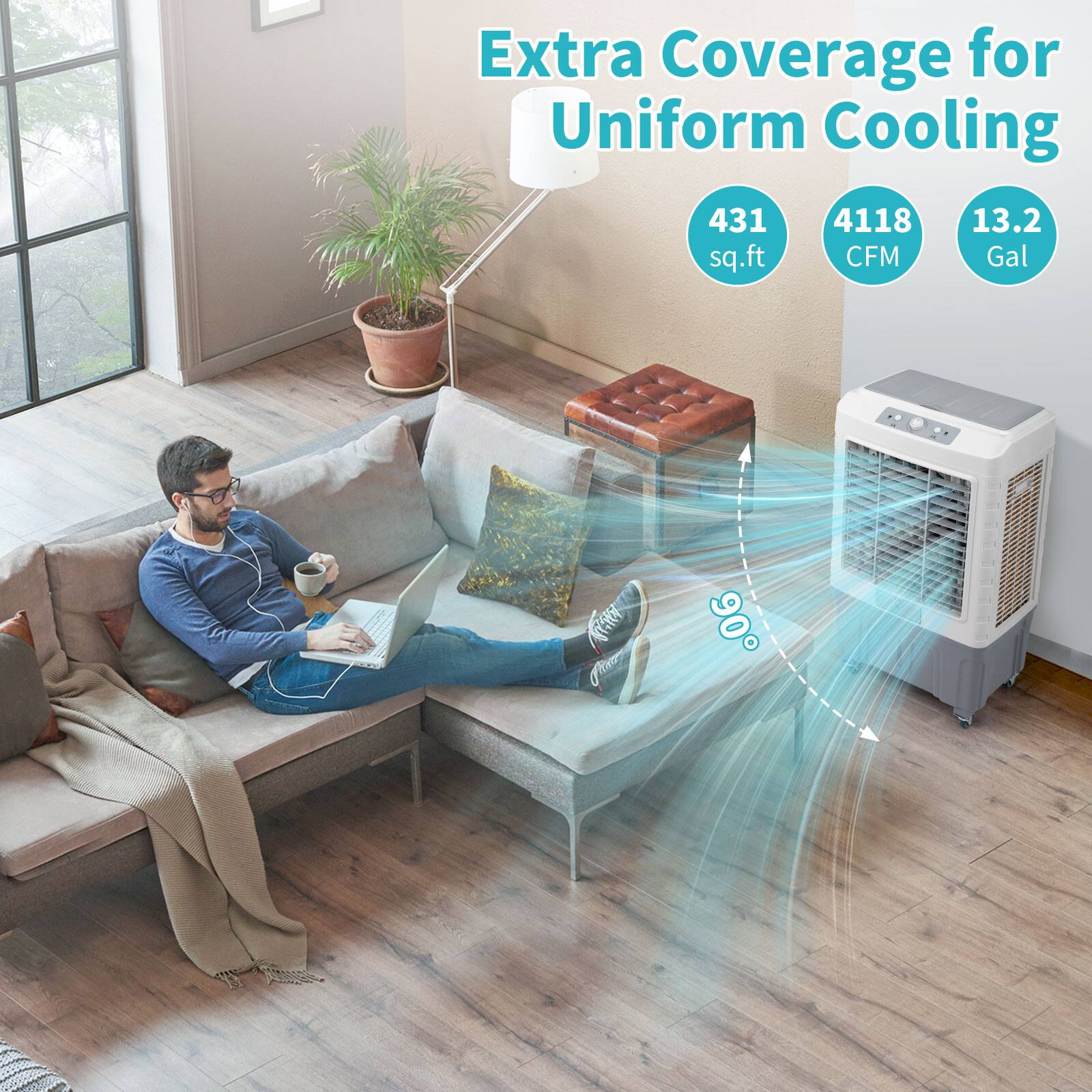 Extra Coverage for Uniform Cooling  
431 sq.ft  
4118 CFM  
13.2 Gal