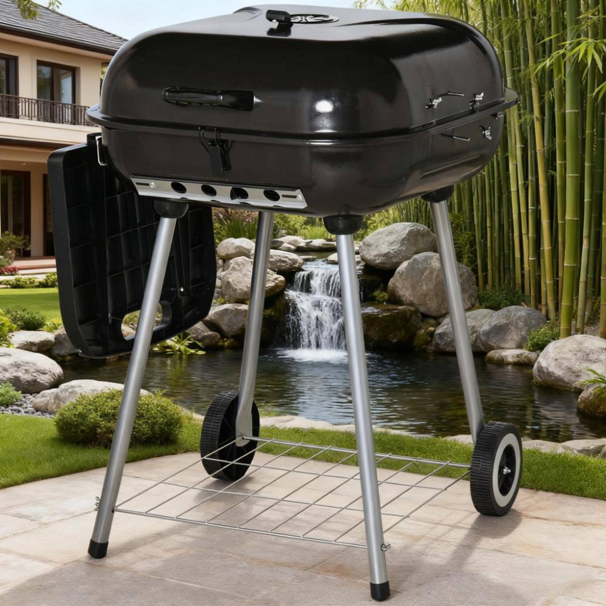 Back. GOODSILO - 22-Inch Portable Charcoal Grill for Outdoor Cooking with Adjustable Heat Control and Foldable Shelf - Black.
