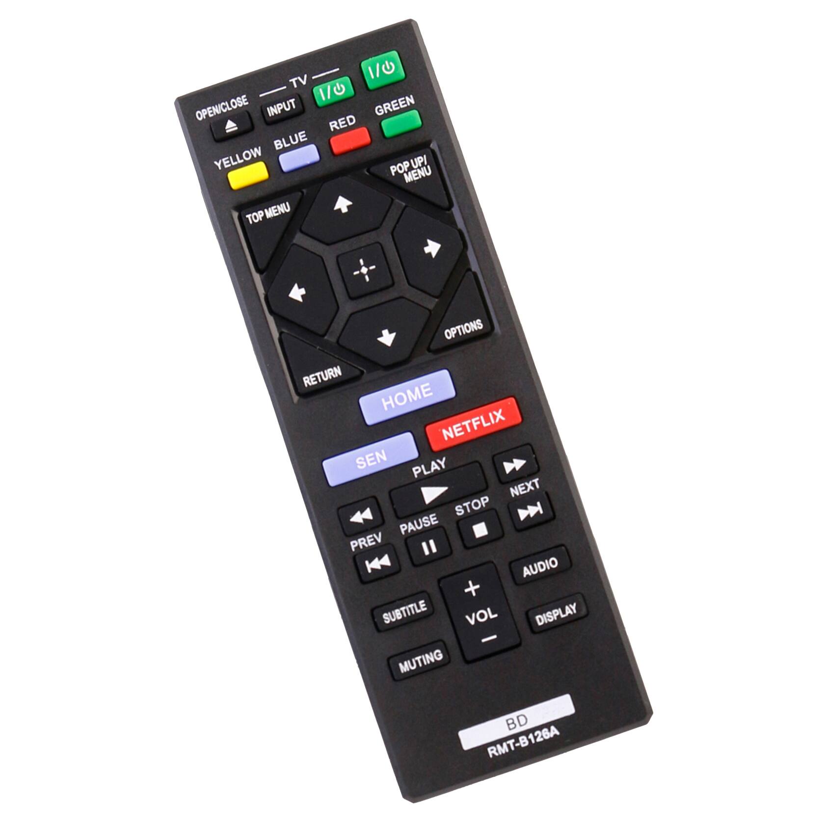 I/O TV 1/0 OPEN/CLOSE INPUT GREEN RED BLUE YELLOW POP UP/ MENU TOP MENU OPTIONS RETURN HOME NETFLIX SEN PLAY NEXT STOP H PAUSE PREV K4 AUDIO + SUBTITLE VOL DISPLAY - MUTING BD RMT-B126A