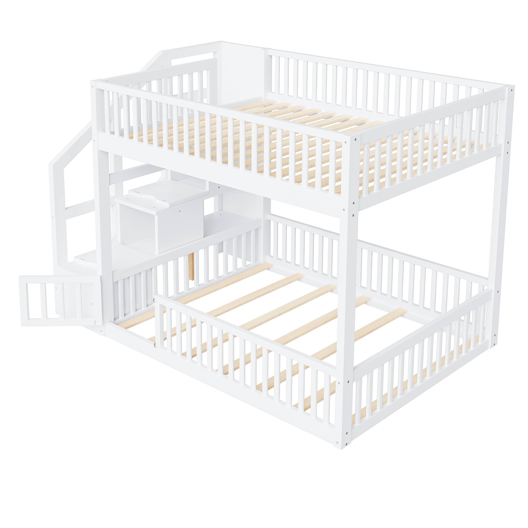 Alt View 2. Whisen - Full over Full Floor Bunk Bed,Low-Profile Bunk Bed with Storage Staircase & Guardrails - White.
