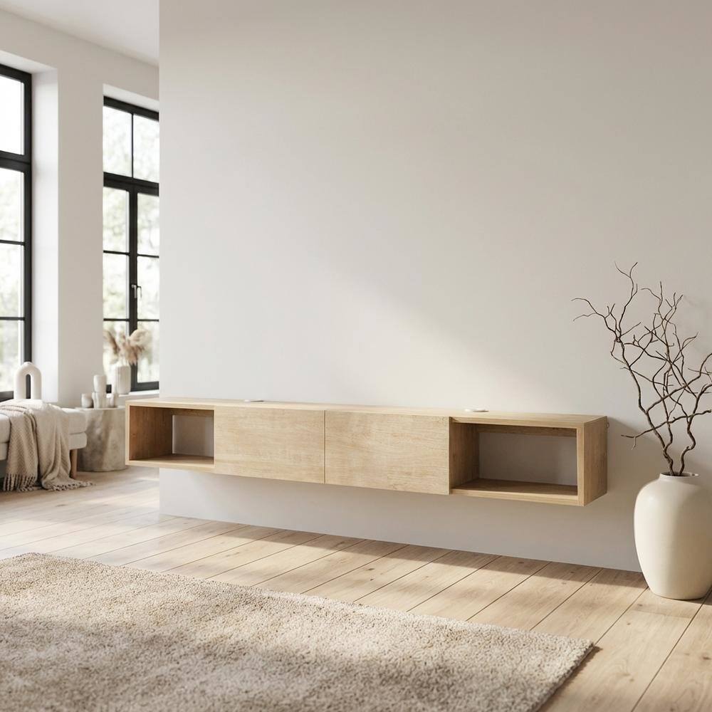 Alt View 2. FurniFact - Modern Oak Wall-Mounted TV Stand for 75 Inch Flat Screen with Engineered Wood - Beige.