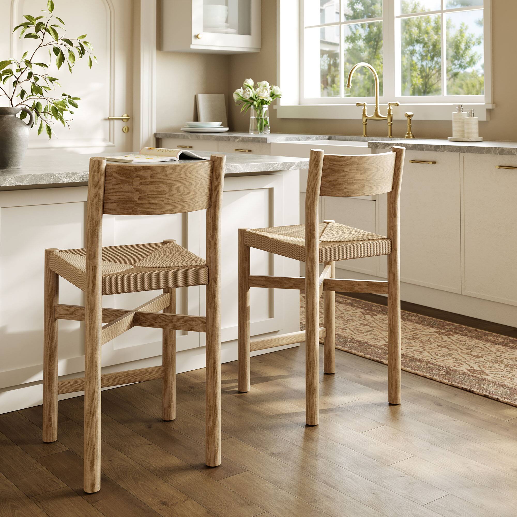 Alt View 1. Modway - Alvia Oak Wood Counter Stools With Woven Seats Set of 2 by Modway - Weathered Oak.