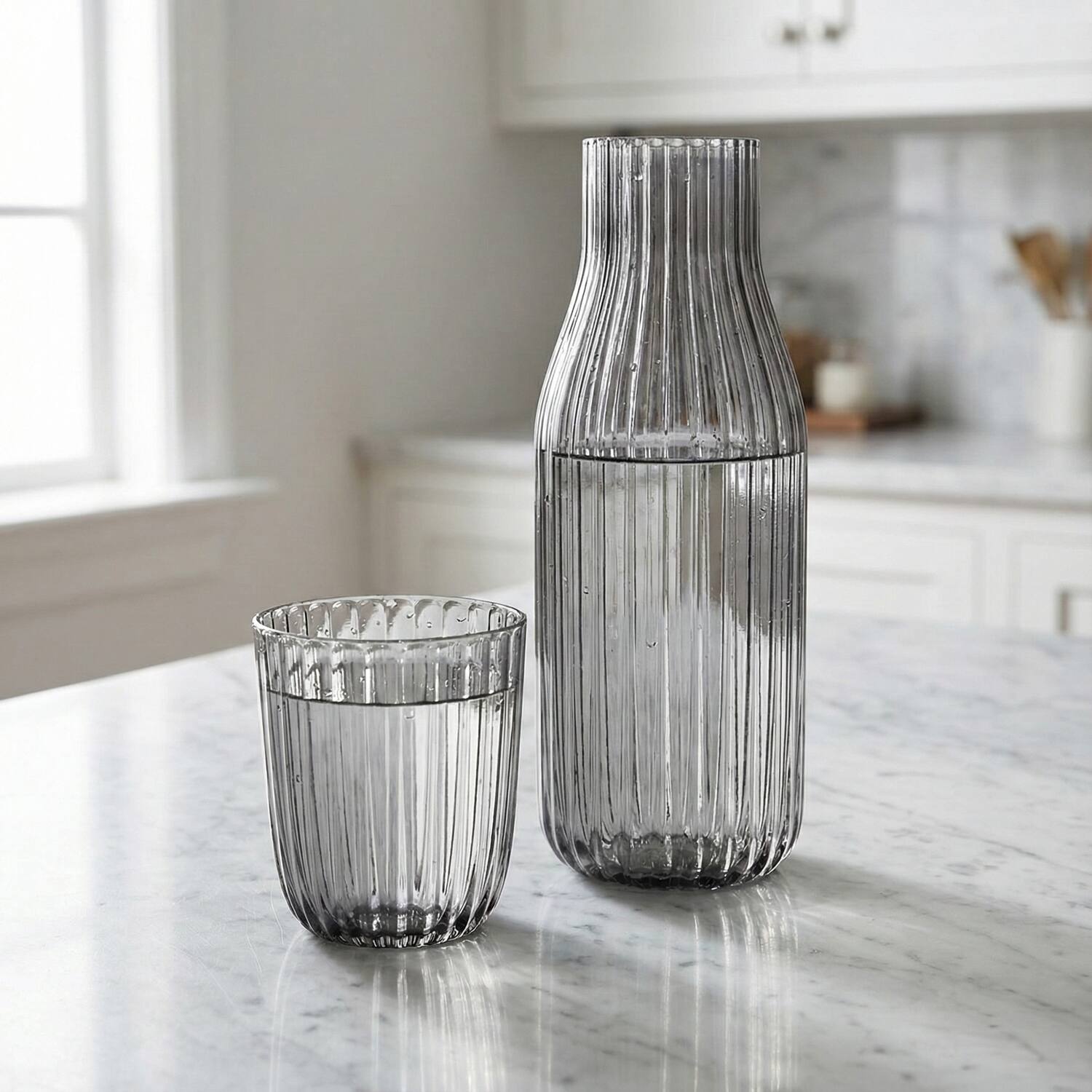 Left. Jay Import - Smoke Ribbed Glass Carafe Set 38.89 OZ. - Gray.