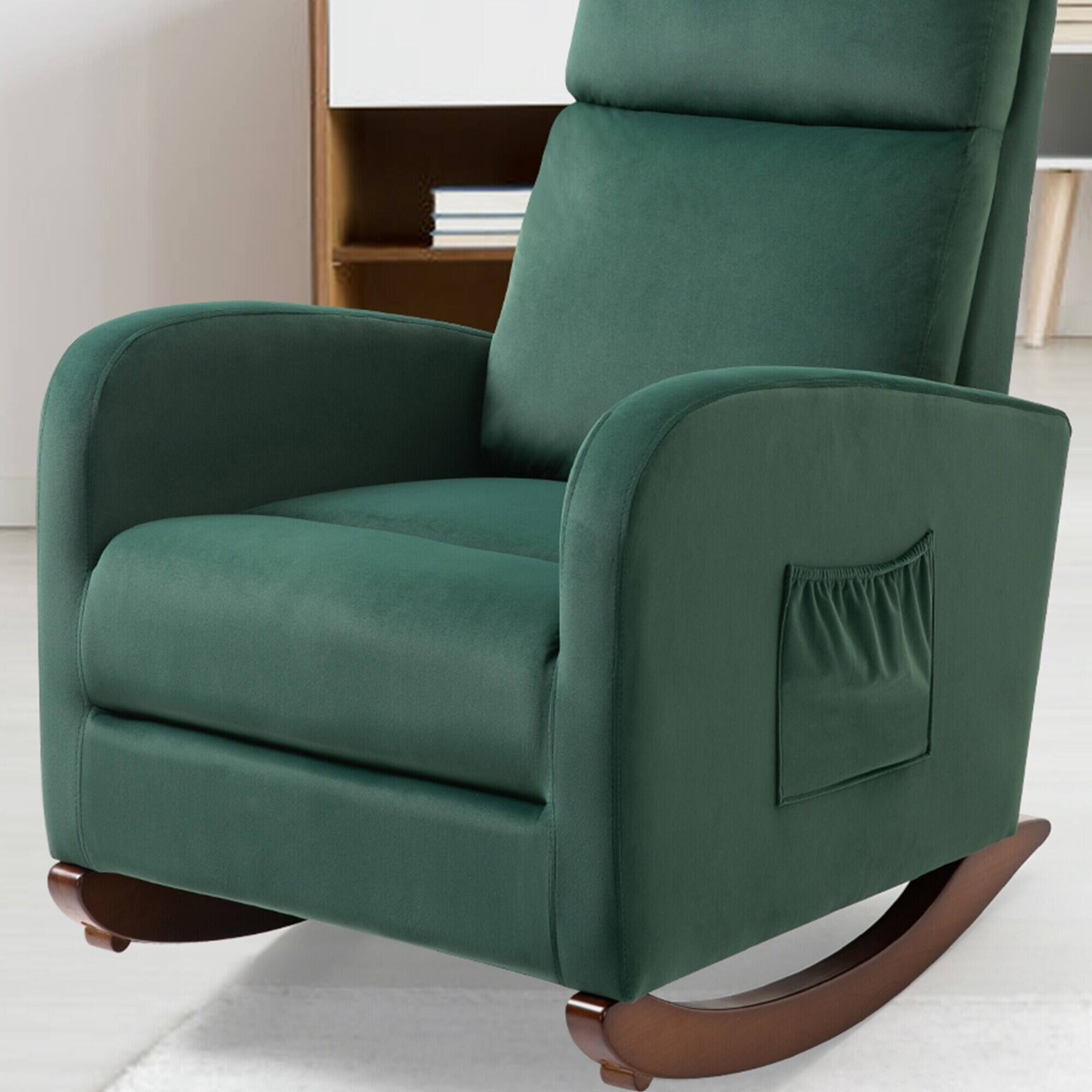 Alt View 4. U-HOMY - Mid Century Velvet Rocking Chair with High Back – Upholstered Glider Armchair for Nursery or Living Room - Green.