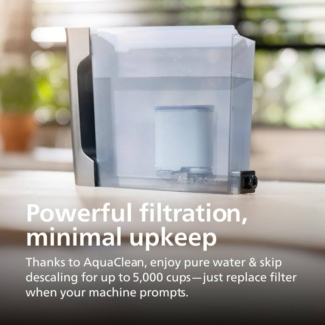 Powerful filtration, minimal upkeep

Thanks to AquaClean, enjoy pure water & skip descaling for up to 5,000 cups—just replace filter when your machine prompts.