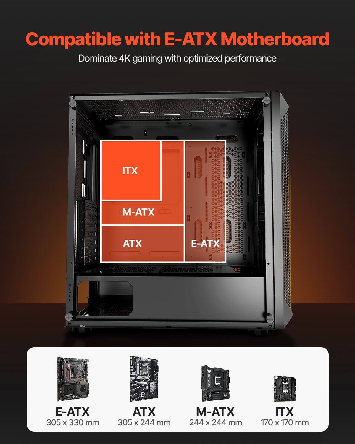 Compatible with E-ATX Motherboard  
Dominate 4K gaming with optimized performance  

ITX  
M-ATX  
ATX  
E-ATX  

E-ATX  
305 x 330 mm  

ATX  
305 x 244 mm  

M-ATX  
244 x 244 mm  

ITX  
170 x 170 mm