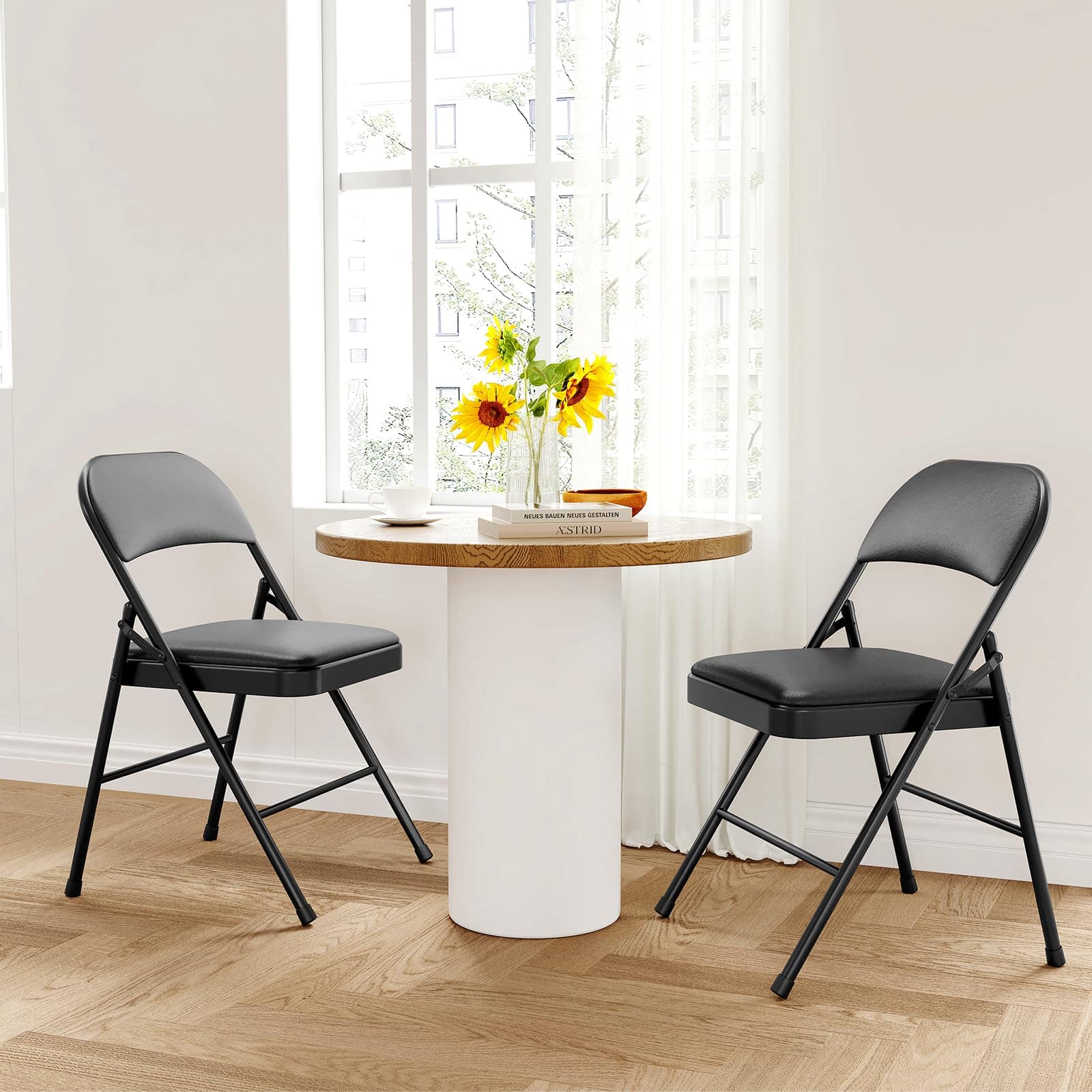 Homhougo - 2 Pack Folding Chairs with Padded Cushions, Padded Foldable Chair - Black