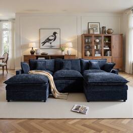 Ovios - 3 Seat Sofa Couch L Shaped Chenille Cloud Couch Oversized Modern Sofa with Ottoman for Living Room - Dark Blue