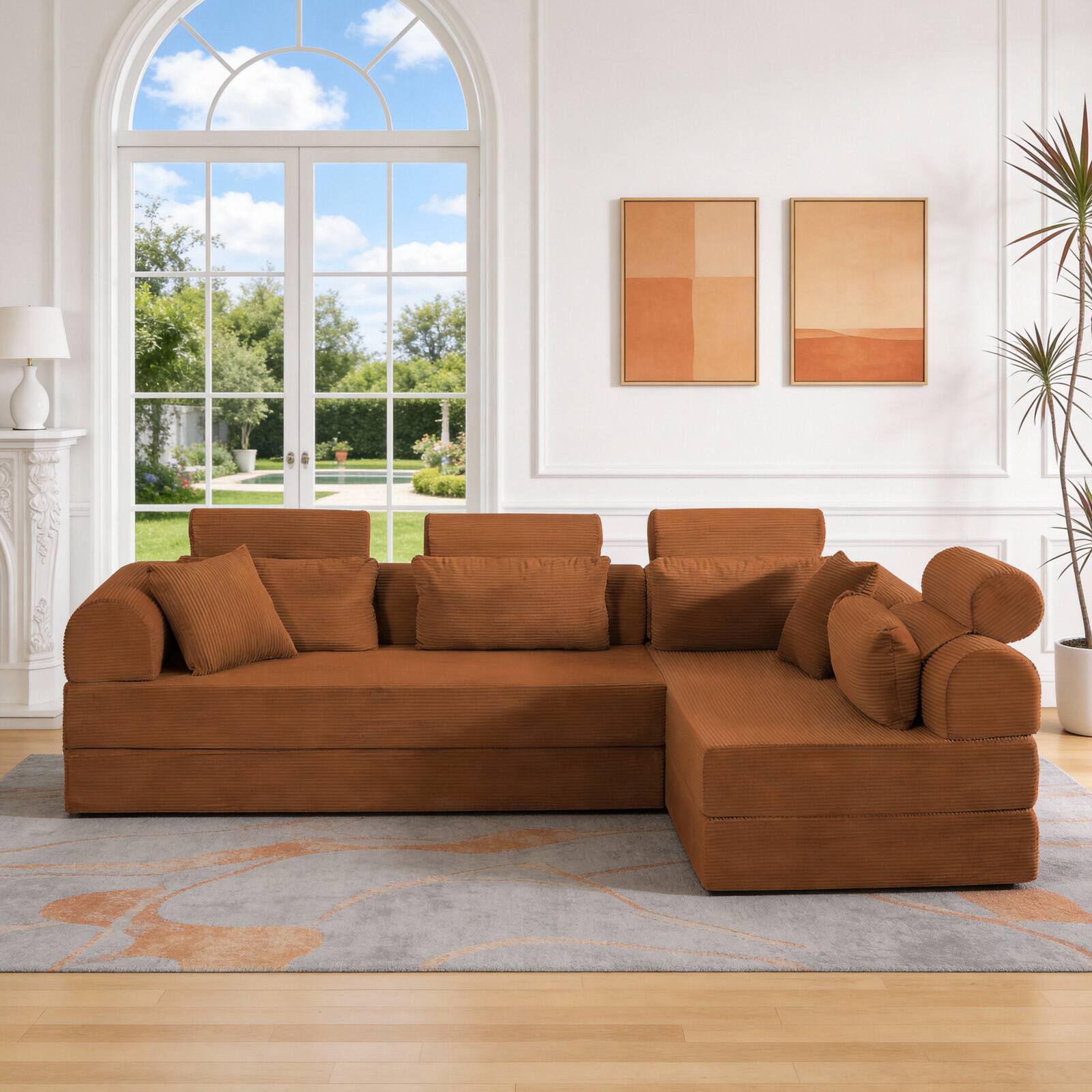 Left. Anysun - L-Shape Corduroy Modular Sectional Sofa - Minimalist Compressed Design, Unfolds into Bed, Space-Efficient - Orange.