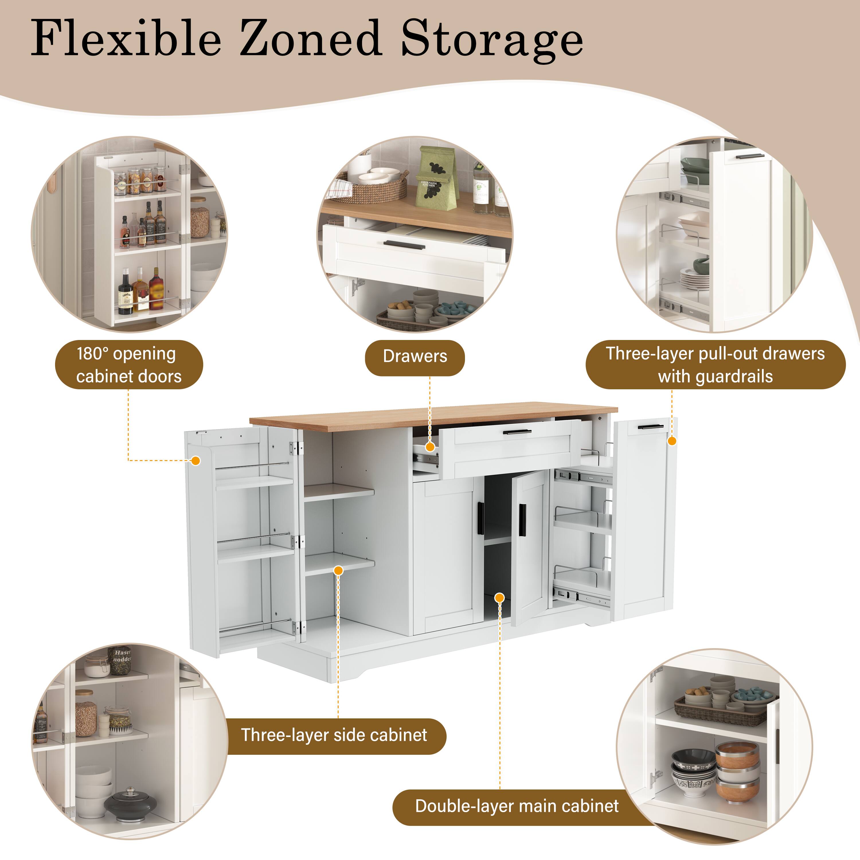 Flexible Zoned Storage

- 180° opening cabinet doors
- Drawers
- Three-layer pull-out drawers with guardrails
- Three-layer side cabinet
- Double-layer main cabinet