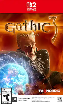 0D2 NINTENDO SWITCH
Gothic 3 CLASSIC
TEEN ADOLESCENTS
ESRB
HONORIC
25 GB - Full game download via internet required. See back.
GAME-KEY CARD
Téléchargement du jeu complet (25 Go) via Internet nécessaire. Voir au verso.
CARTE CLÉ DE JEU
support.nintendo.com/switch2/gamekeycard - T (Teen 13+)