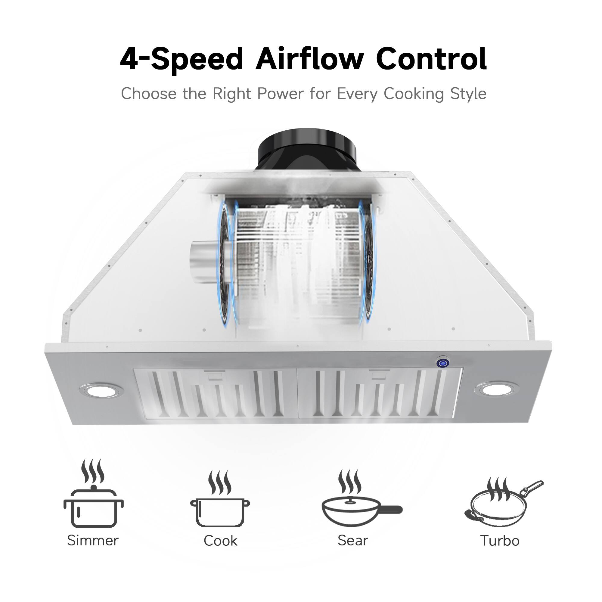 4-Speed Airflow Control  
Choose the Right Power for Every Cooking Style  

- Simmer  
- Cook  
- Sear  
- Turbo