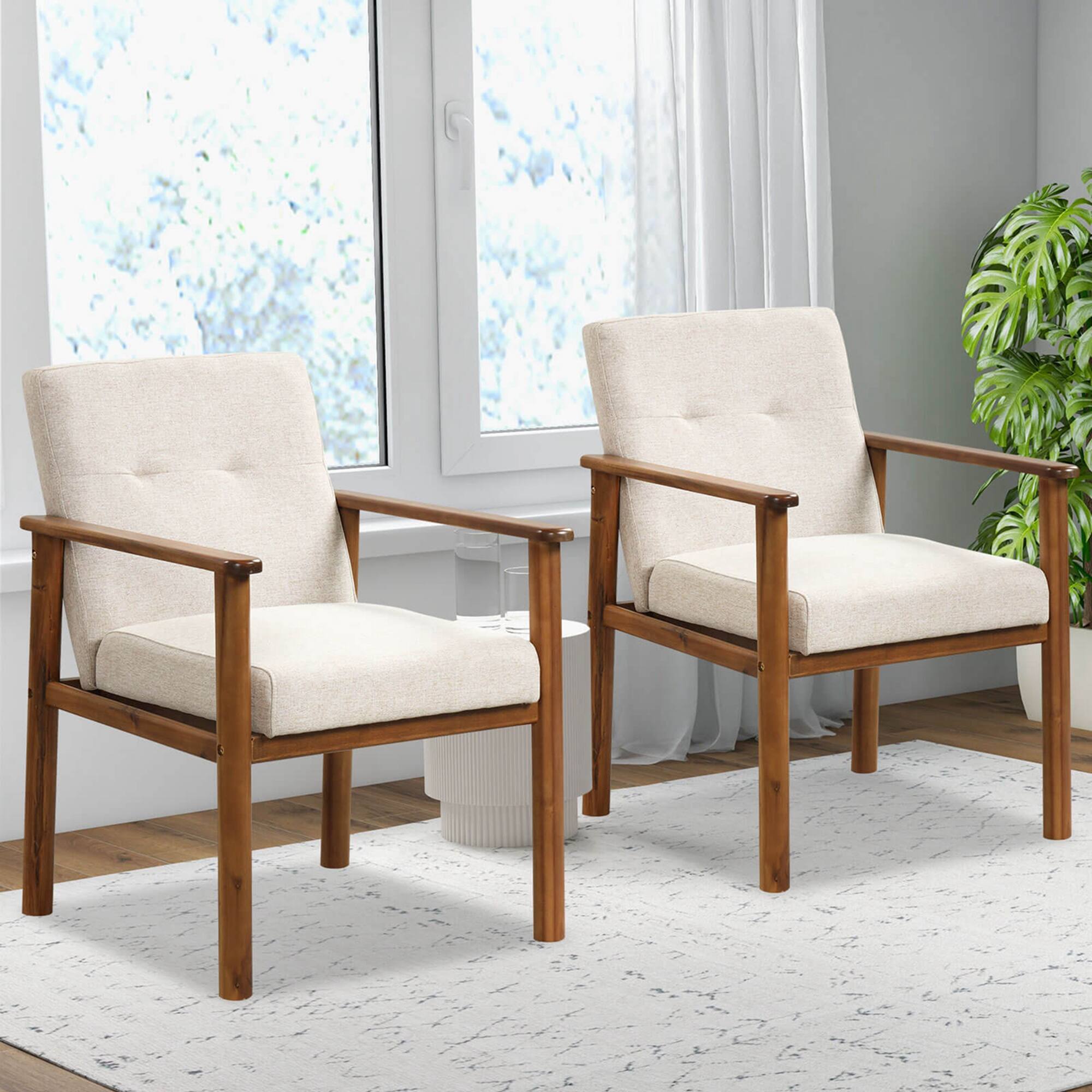 Back. Costway - 2 PCS Modern Accent Chair Upholstered Linen Fabric Armchair with Solid Wood Legs - Beige.