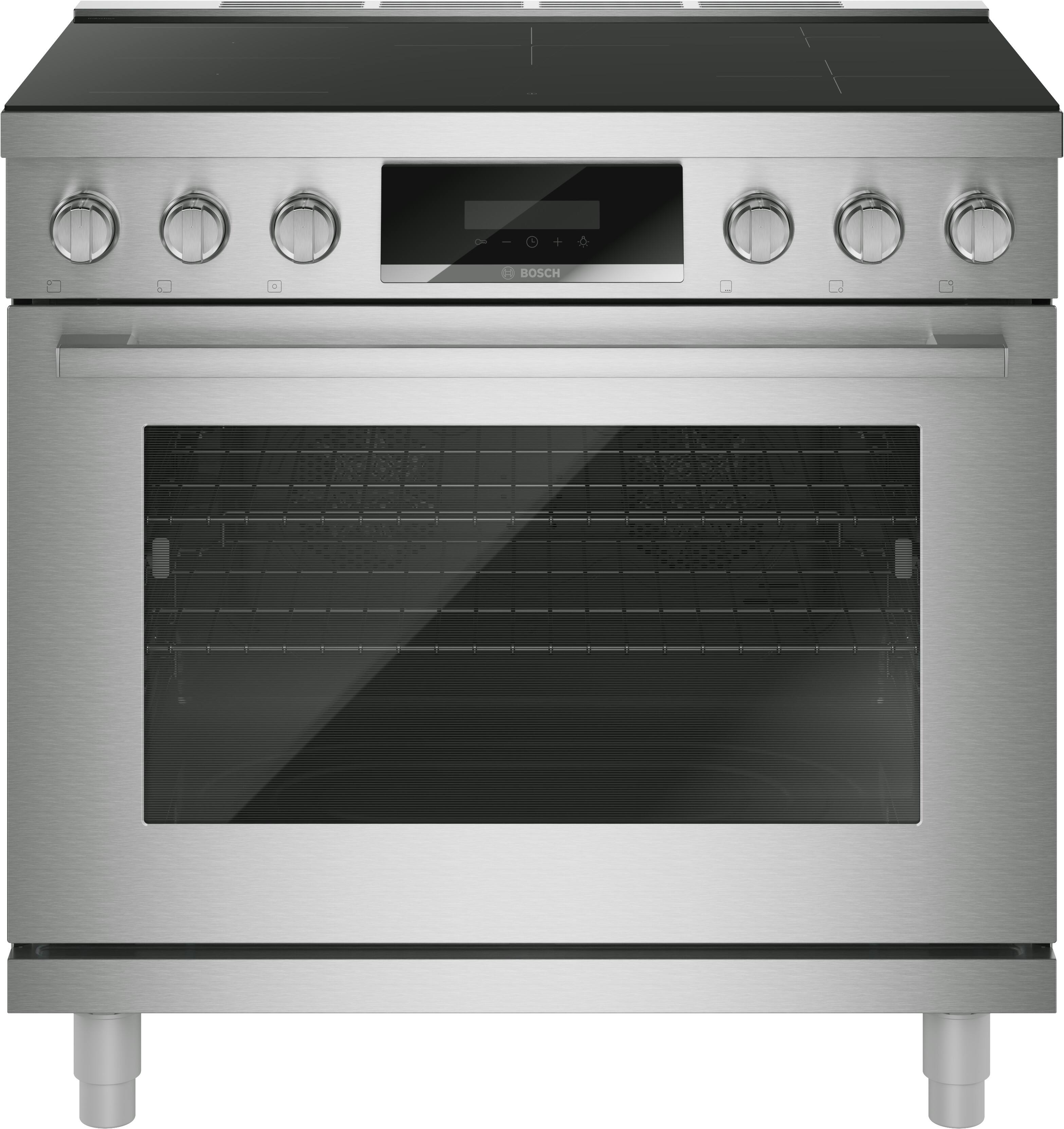 Front. Bosch - 800 Series 36 in. Wide 5.4 Cu. Ft. Industrial Style Electric Induction Range with 5 Elements - Stainless Steel.